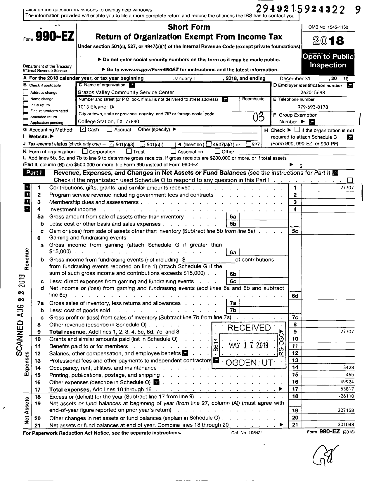 Image of first page of 2018 Form 990EZ for Brazos Valley Community Service Center