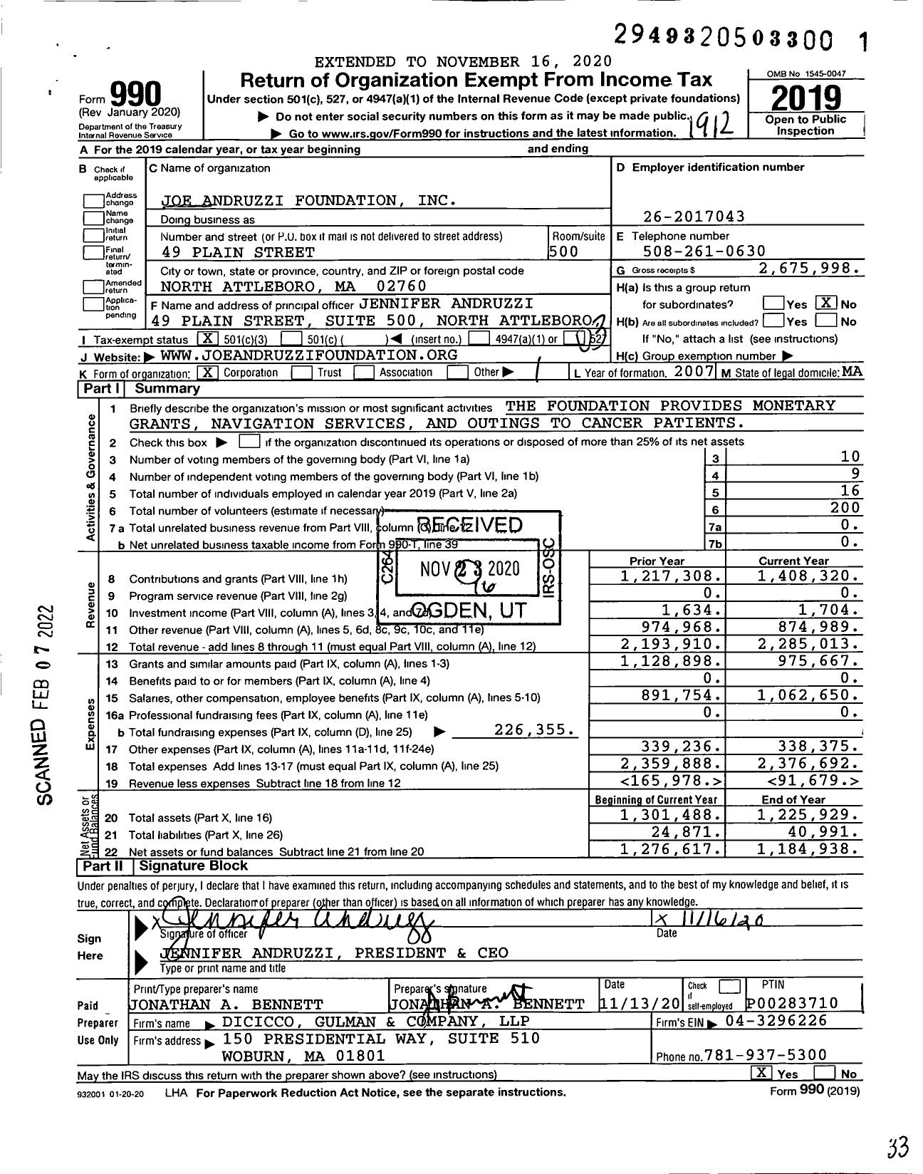 Image of first page of 2019 Form 990 for Joe Andruzzi Foundation