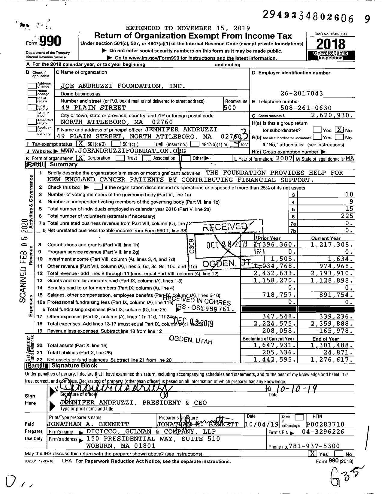 Image of first page of 2018 Form 990 for Joe Andruzzi Foundation