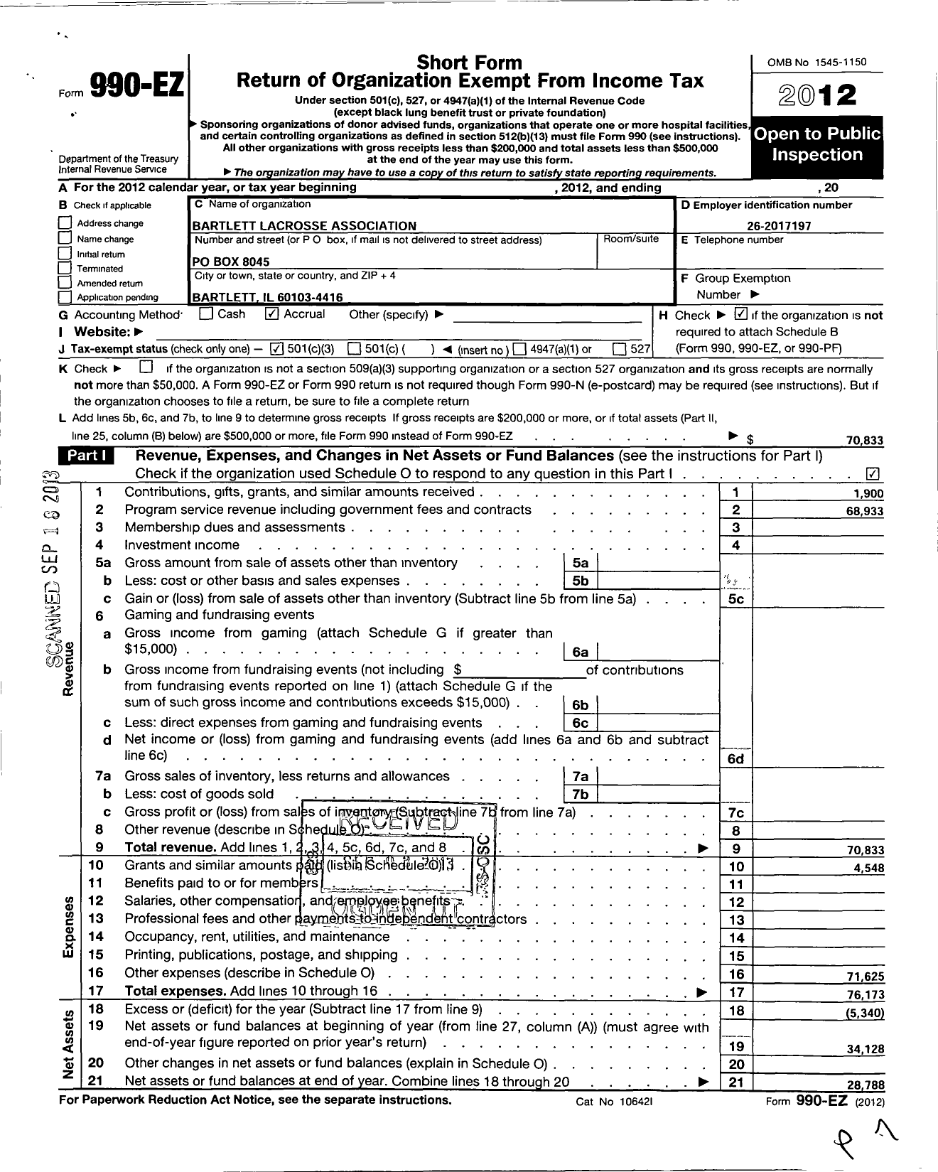 Image of first page of 2012 Form 990EZ for Bartlett Lacrosse Association