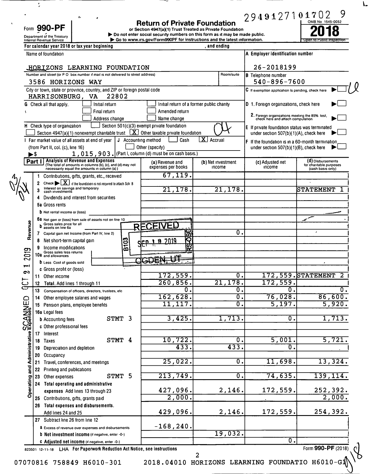 Image of first page of 2018 Form 990PF for Horizons Learning Foundation