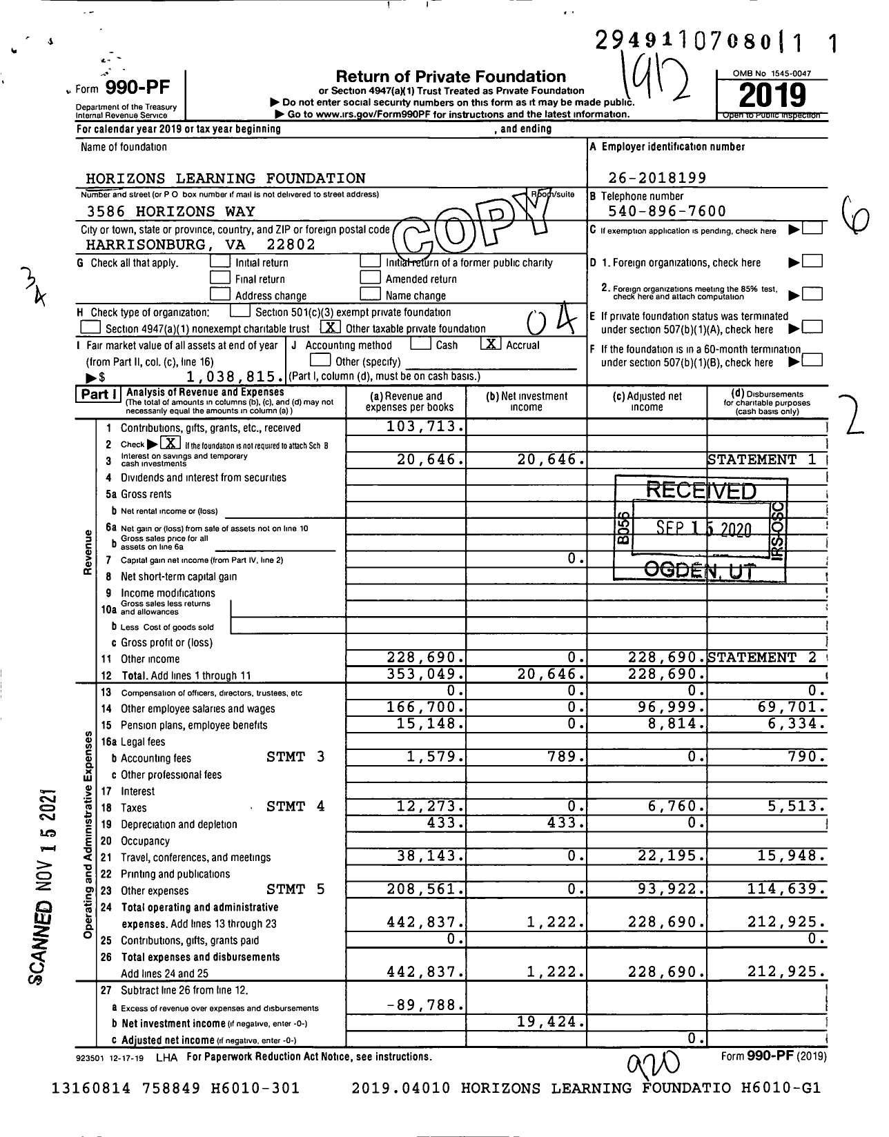 Image of first page of 2019 Form 990PF for Horizons Learning Foundation