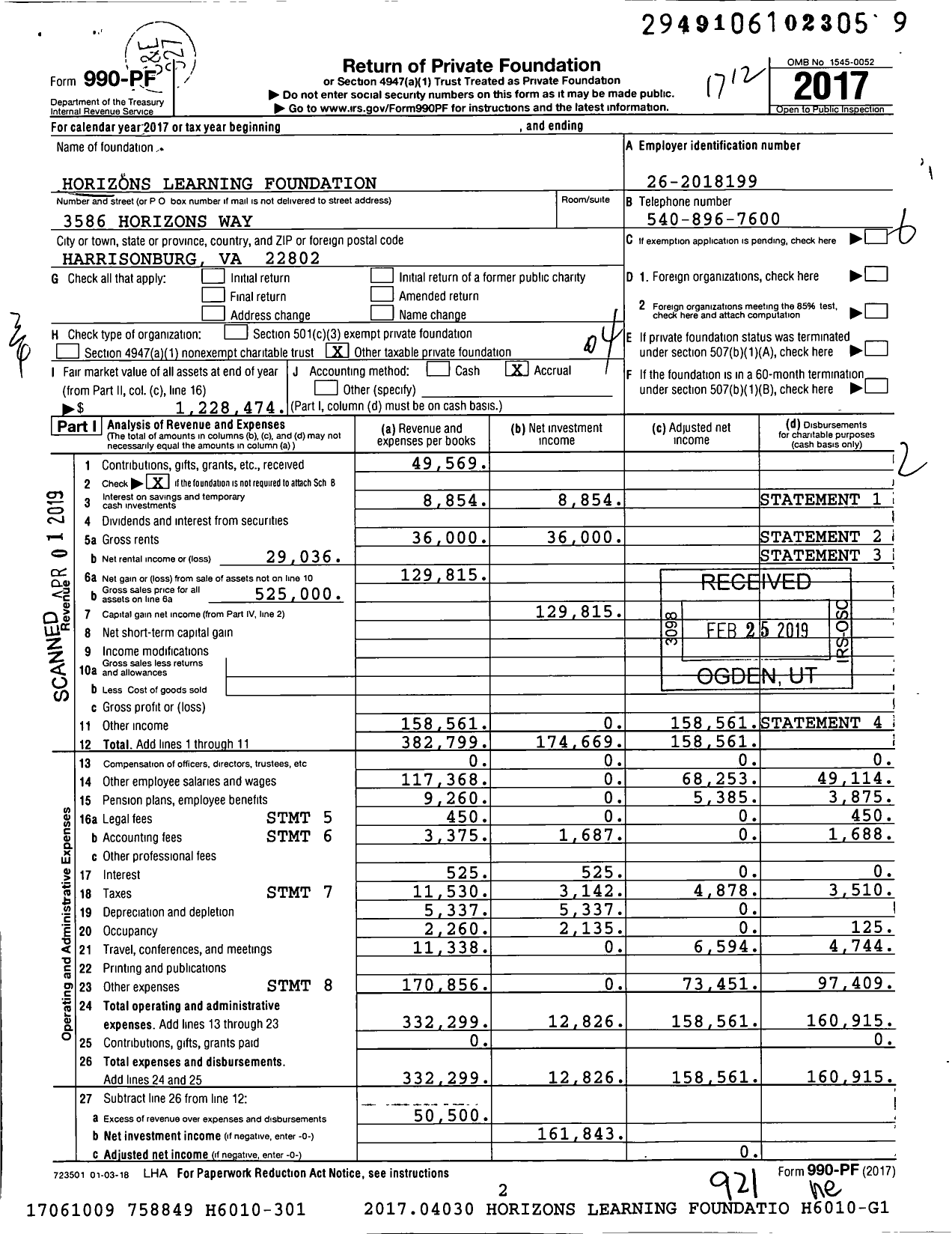 Image of first page of 2017 Form 990PF for Horizons Learning Foundation