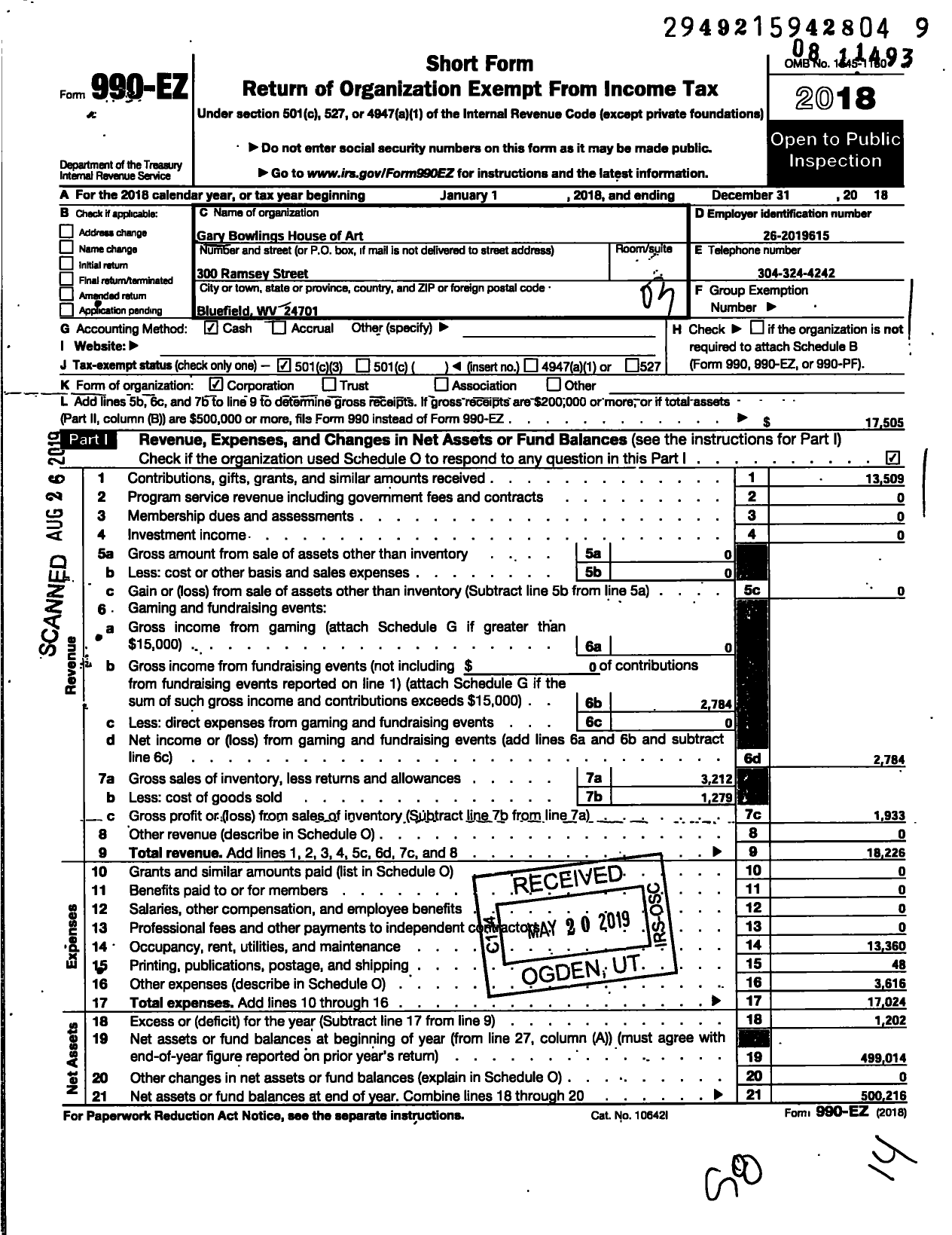 Image of first page of 2018 Form 990EZ for Gary Bowlings House of Art (GBHOA)