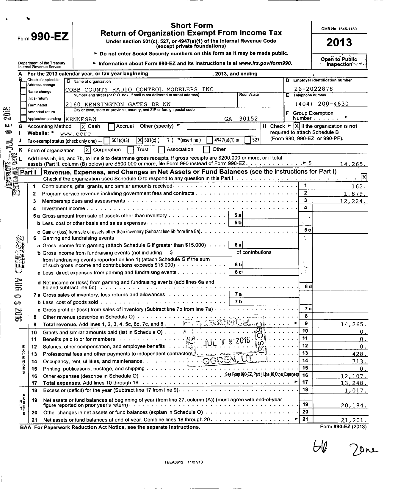 Image of first page of 2013 Form 990EO for Cobb County Radio Control Modelers