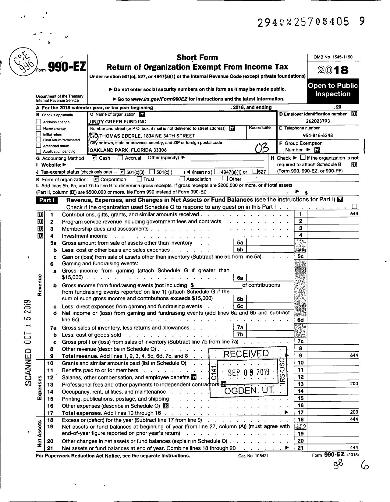 Image of first page of 2018 Form 990EZ for Unity Green Fund