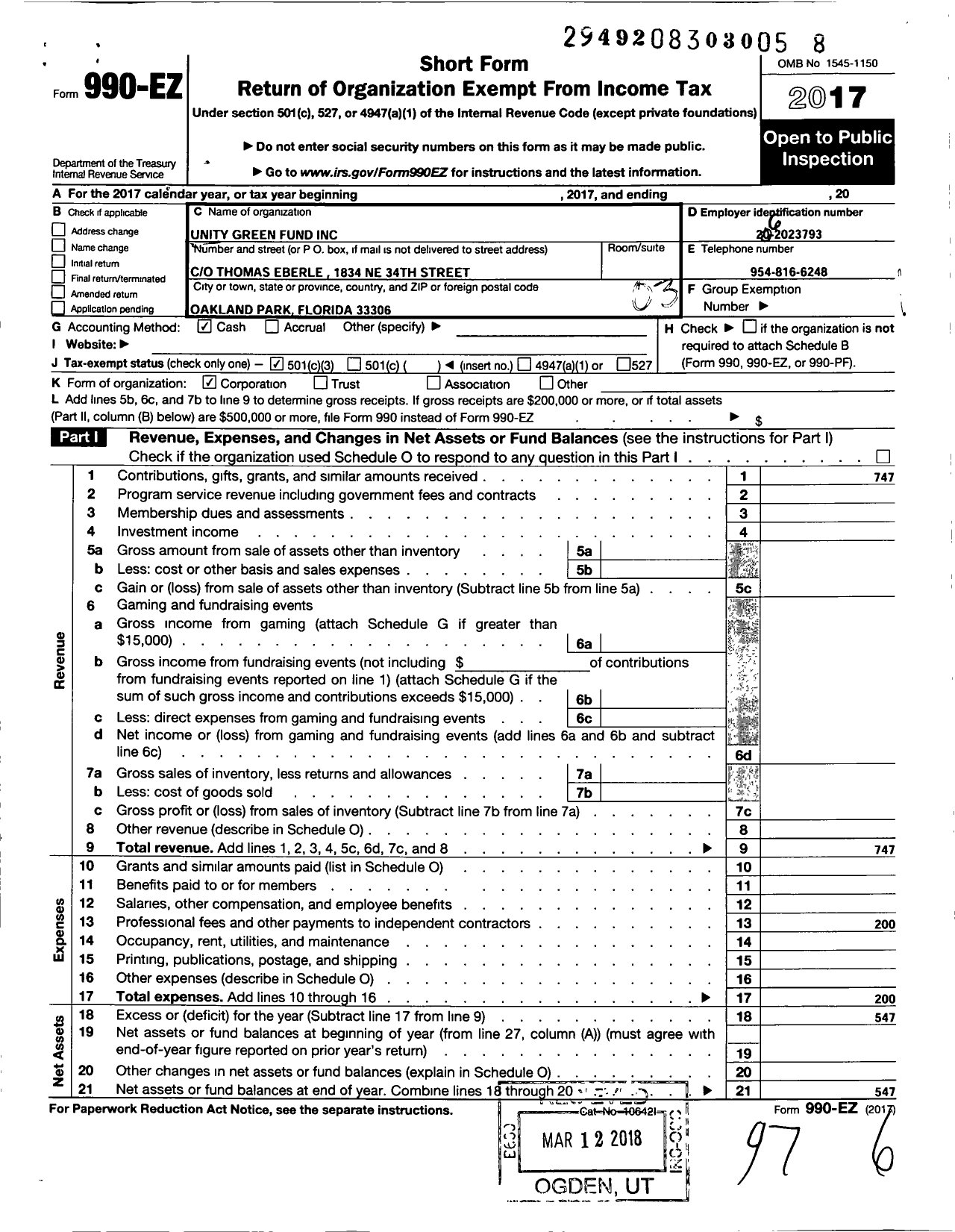 Image of first page of 2017 Form 990EZ for Unity Green Fund