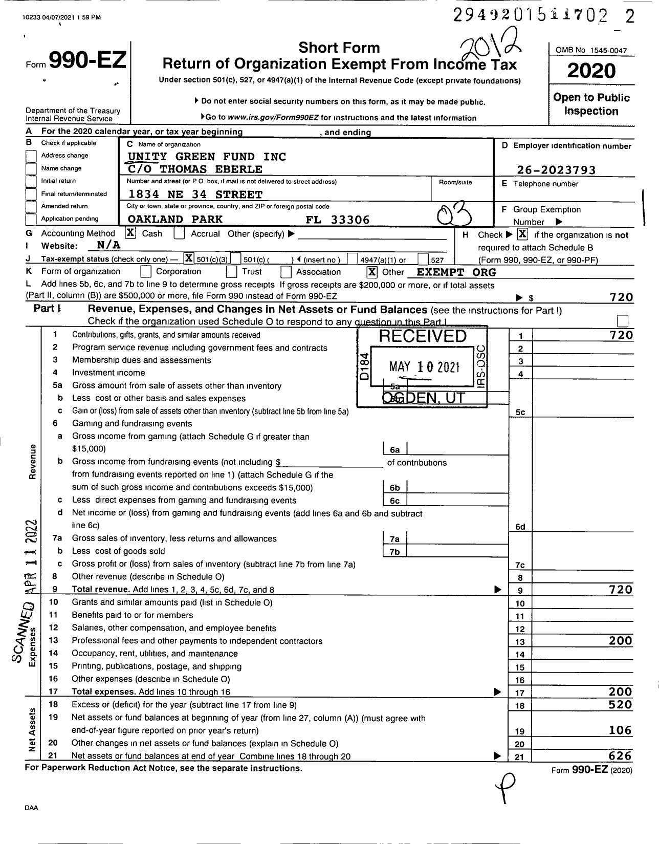 Image of first page of 2020 Form 990EZ for Unity Green Fund