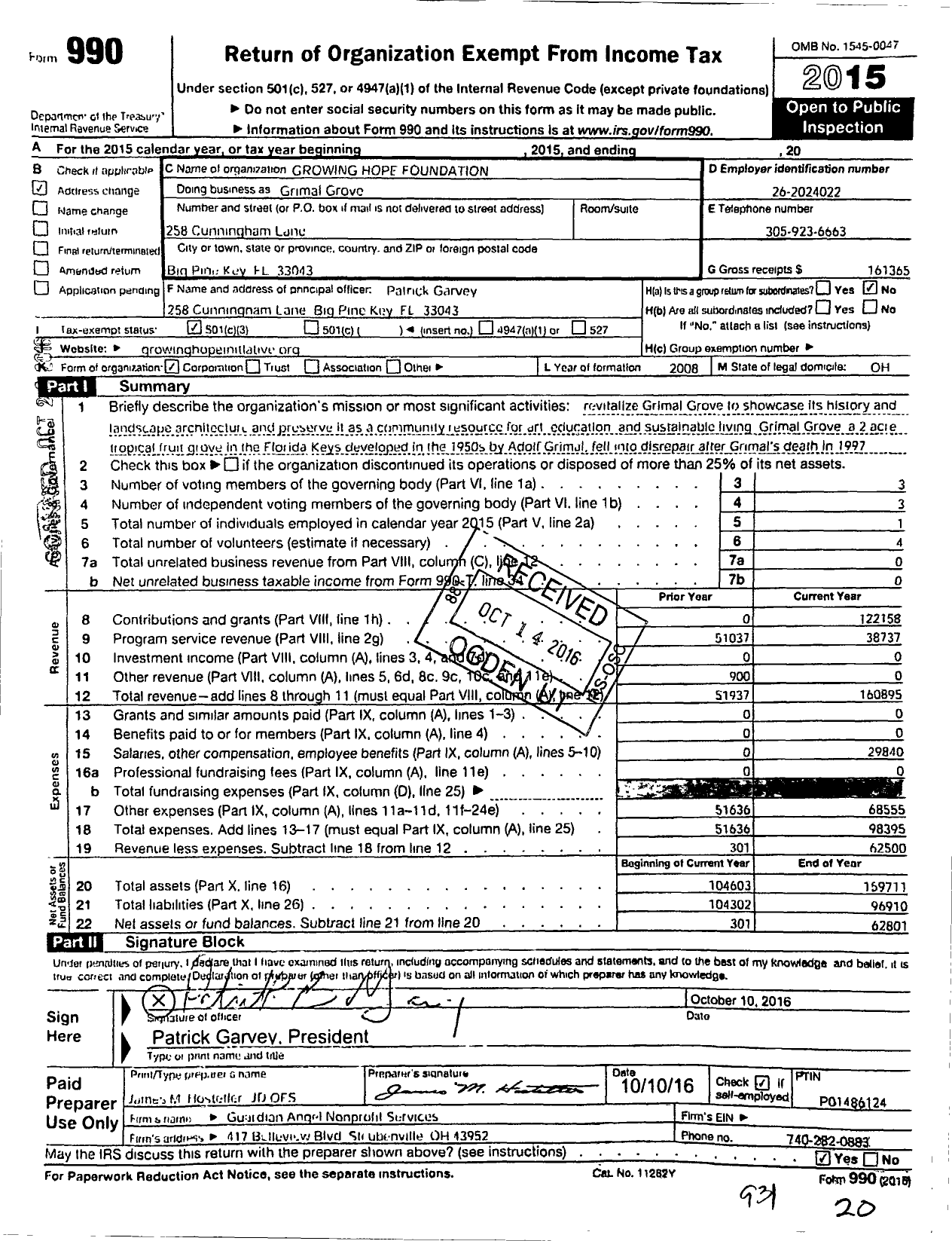 Image of first page of 2015 Form 990 for Growing Hope Foundation 7208 15th Ave