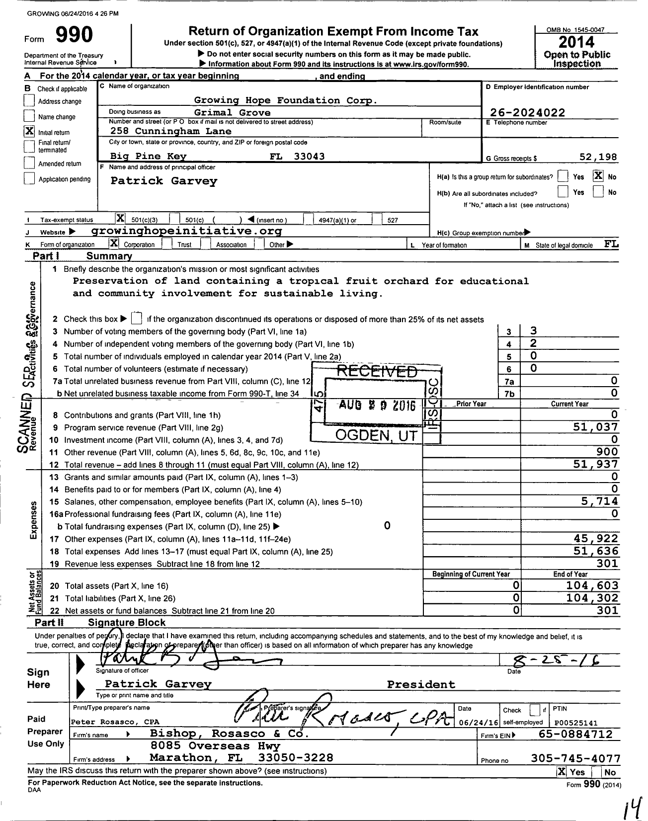 Image of first page of 2014 Form 990 for Growing Hope Foundation 7208 15th Ave