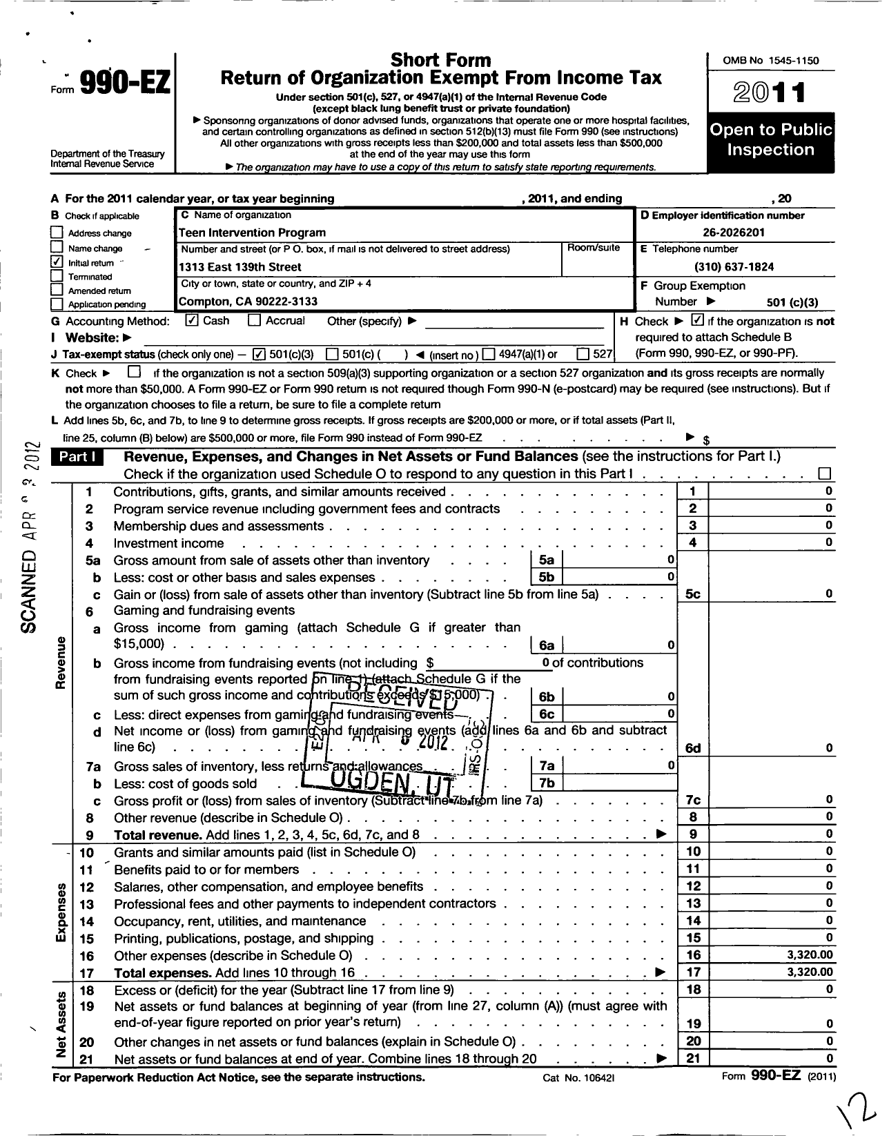 Image of first page of 2011 Form 990EZ for Tip Teen Intervention Program