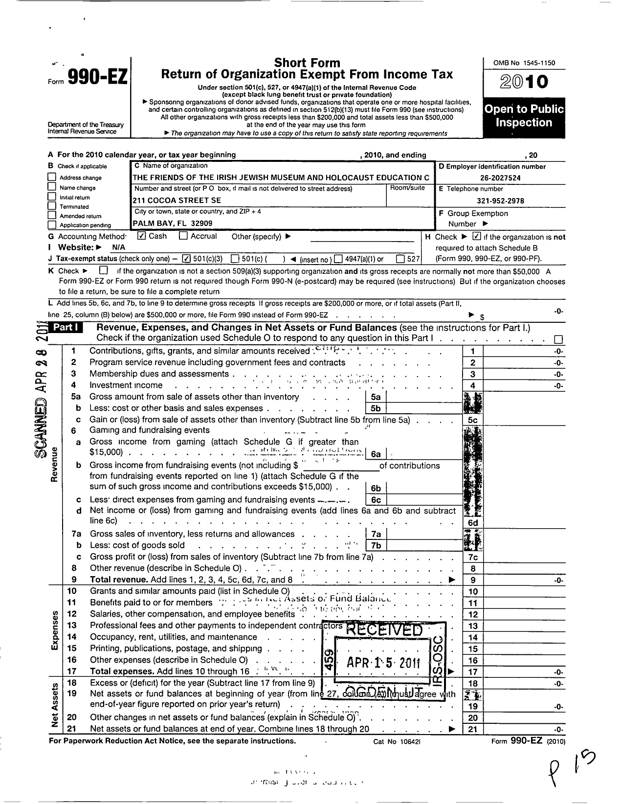 Image of first page of 2010 Form 990EZ for Friends of the Irish Jewish Museum and Holocaust Education Cen