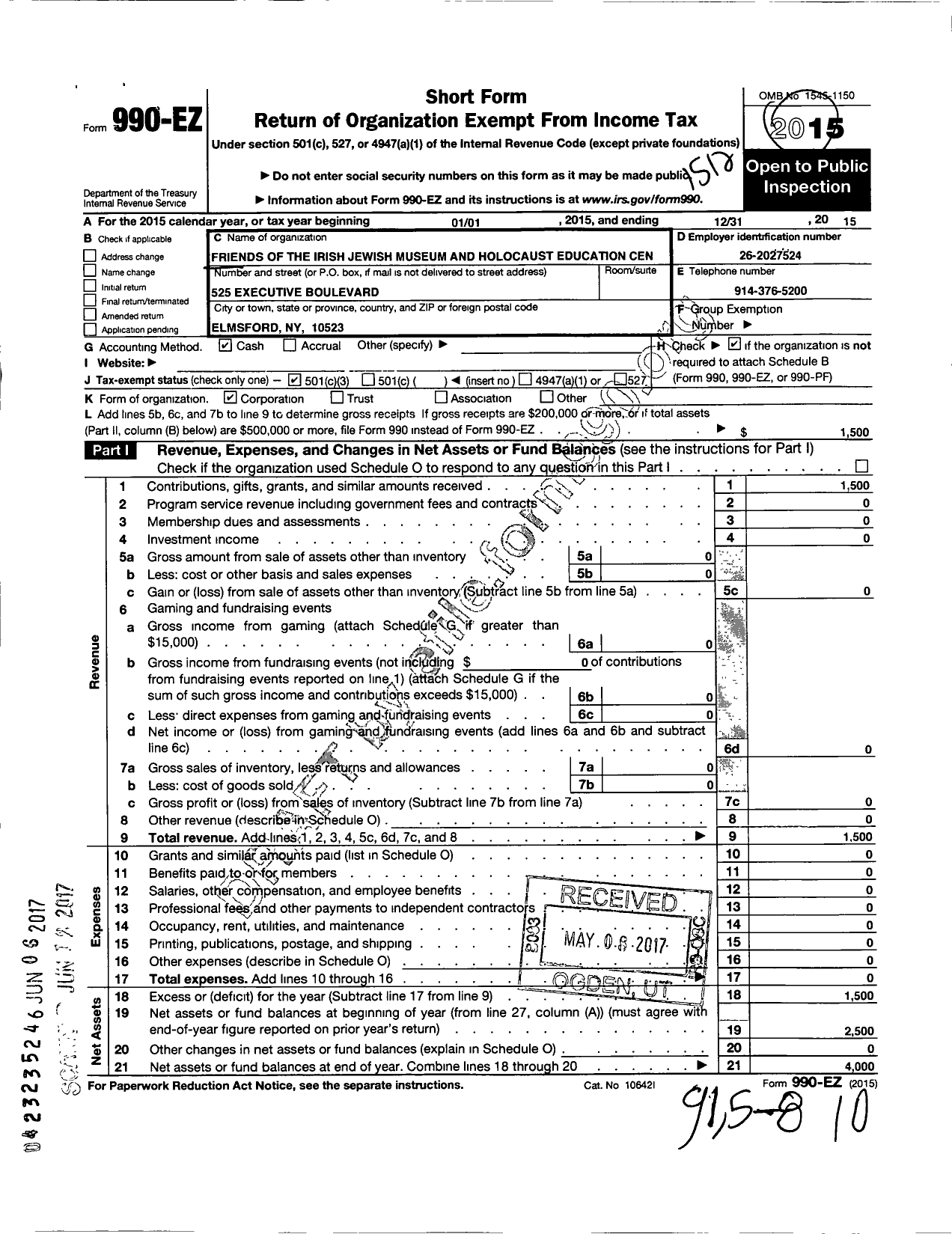 Image of first page of 2015 Form 990EZ for Friends of the Irish Jewish Museum and Holocaust Education Cen