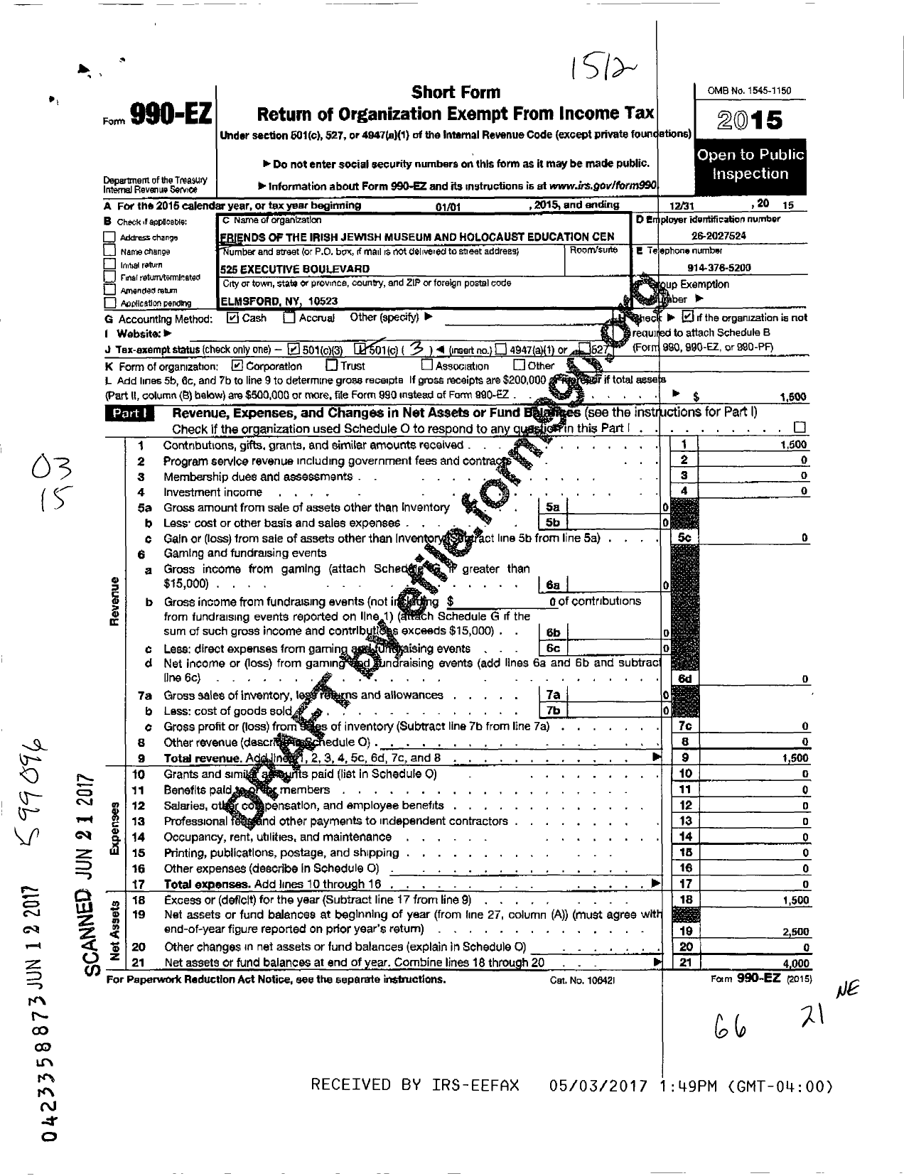 Image of first page of 2015 Form 990EZ for Friends of the Irish Jewish Museum and Holocaust Education Cen