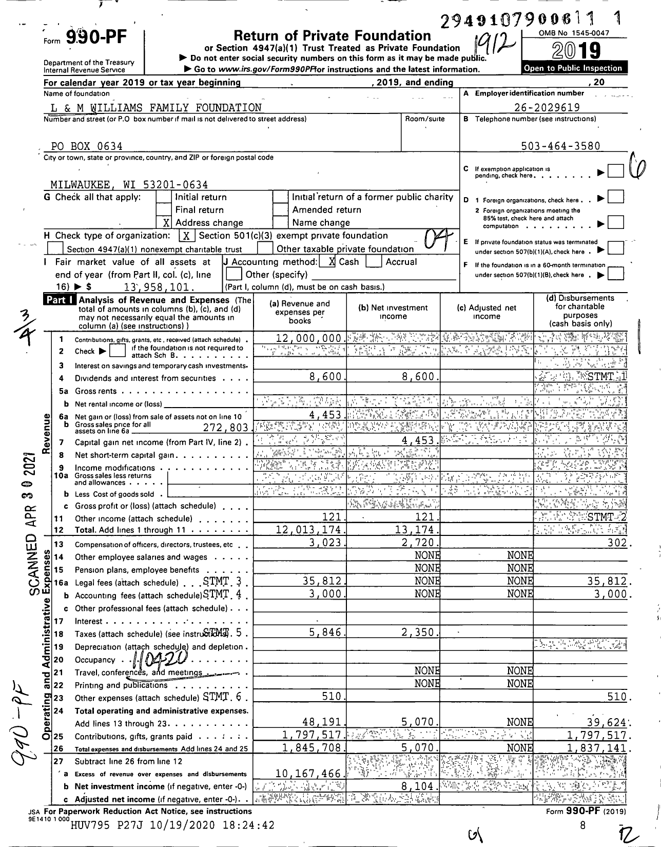 Image of first page of 2019 Form 990PF for Larry and Marianne Williams Family Foundation