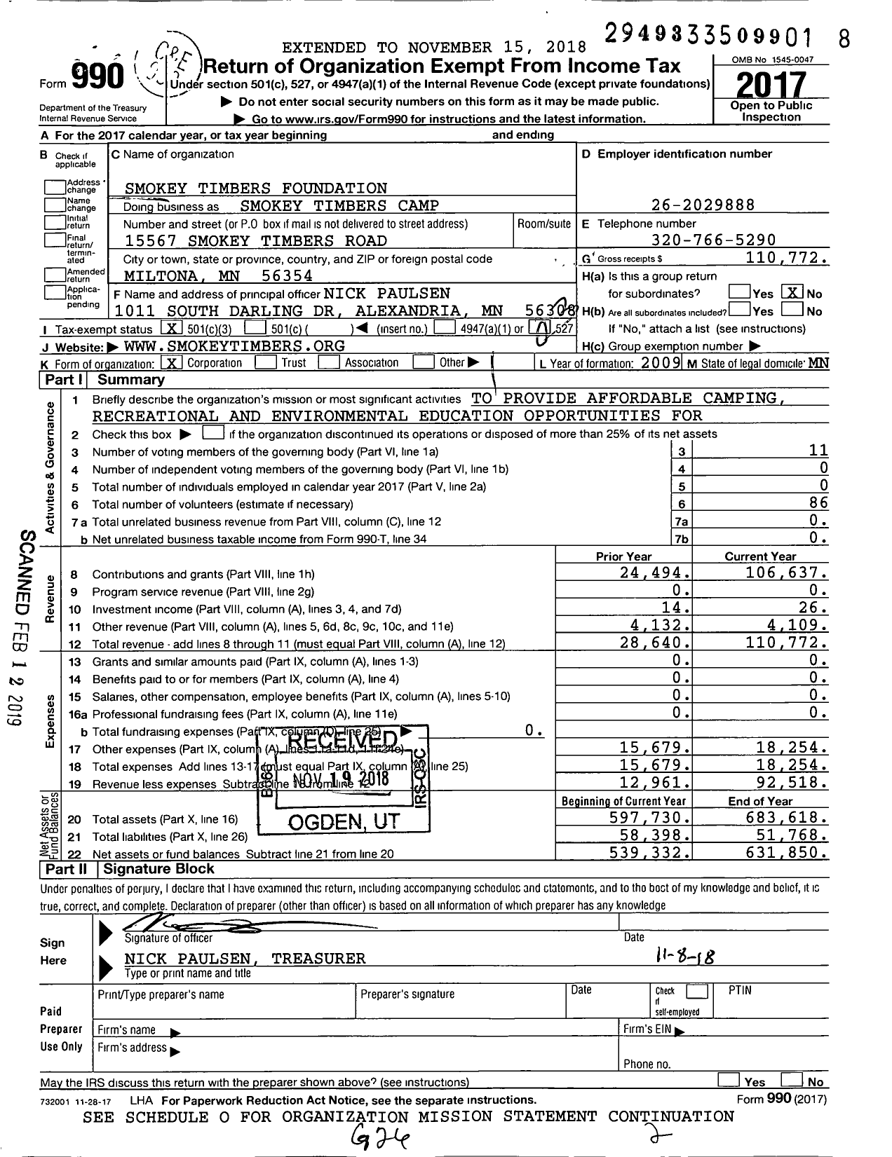 Image of first page of 2017 Form 990 for Smokey Timbers Camp