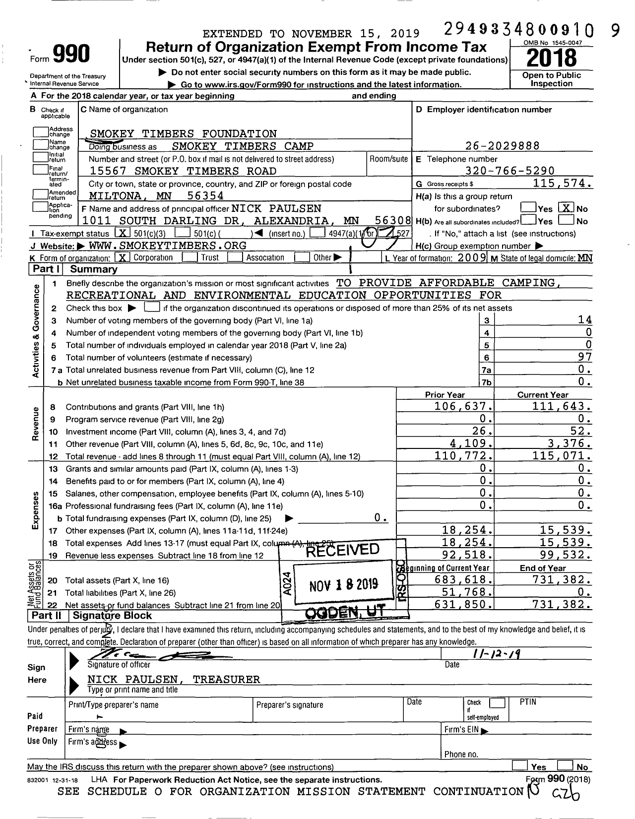 Image of first page of 2018 Form 990 for Smokey Timbers Camp