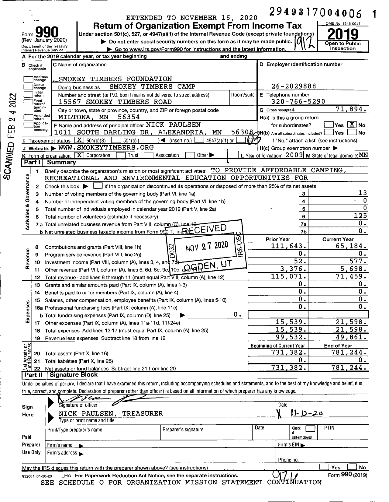 Image of first page of 2019 Form 990 for Smokey Timbers Camp