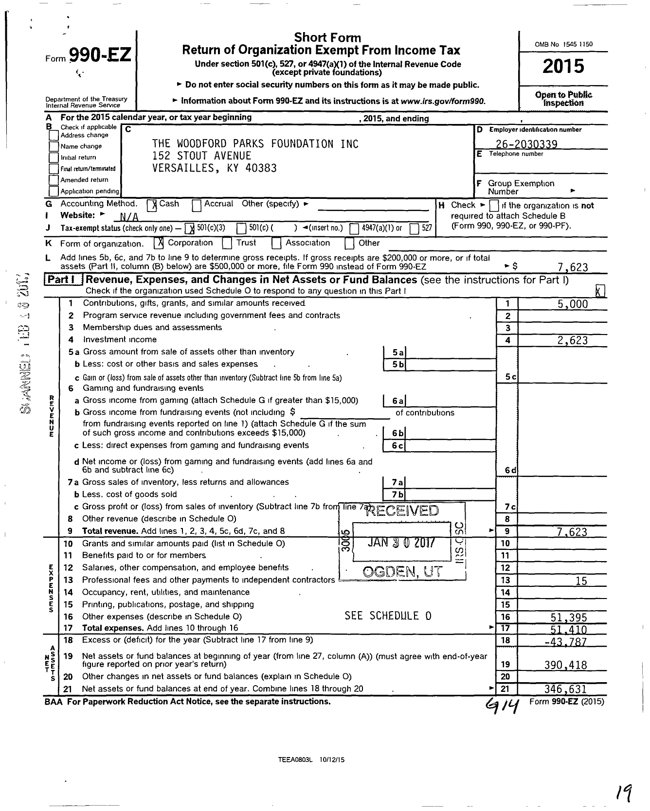 Image of first page of 2015 Form 990EZ for Woodford Parks Foundation