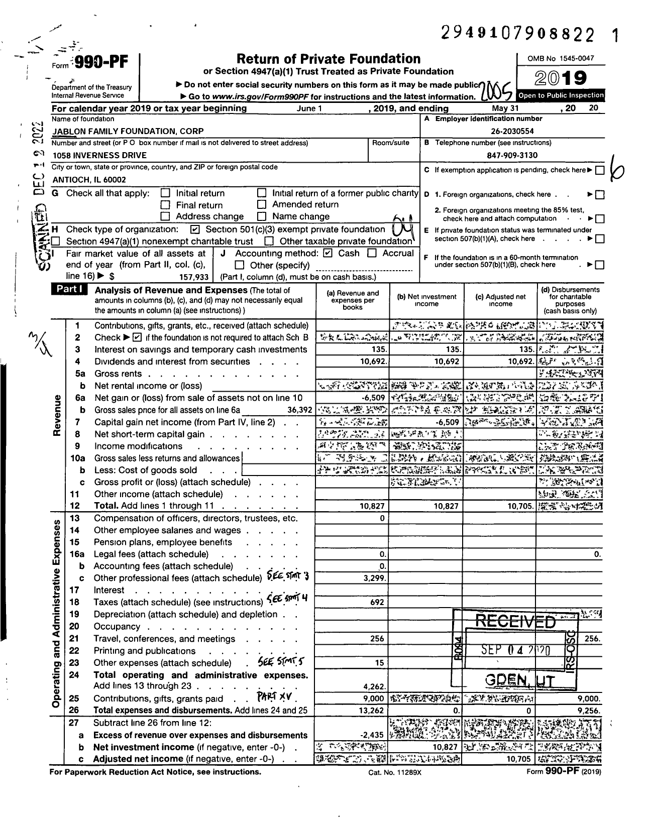 Image of first page of 2019 Form 990PF for Jablon Family Foundation Corporation