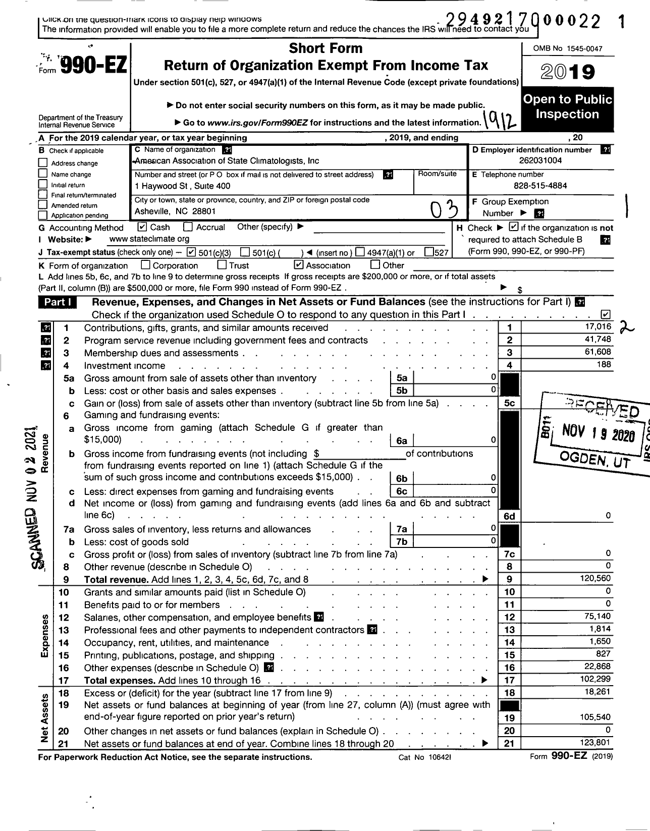 Image of first page of 2019 Form 990EZ for American Association of State Climatologists