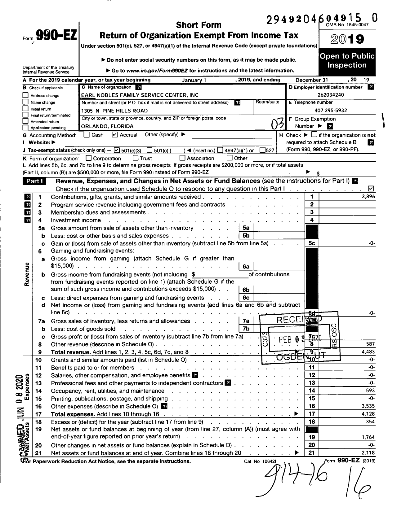 Image of first page of 2019 Form 990EZ for Earl Nobles Family Service Center