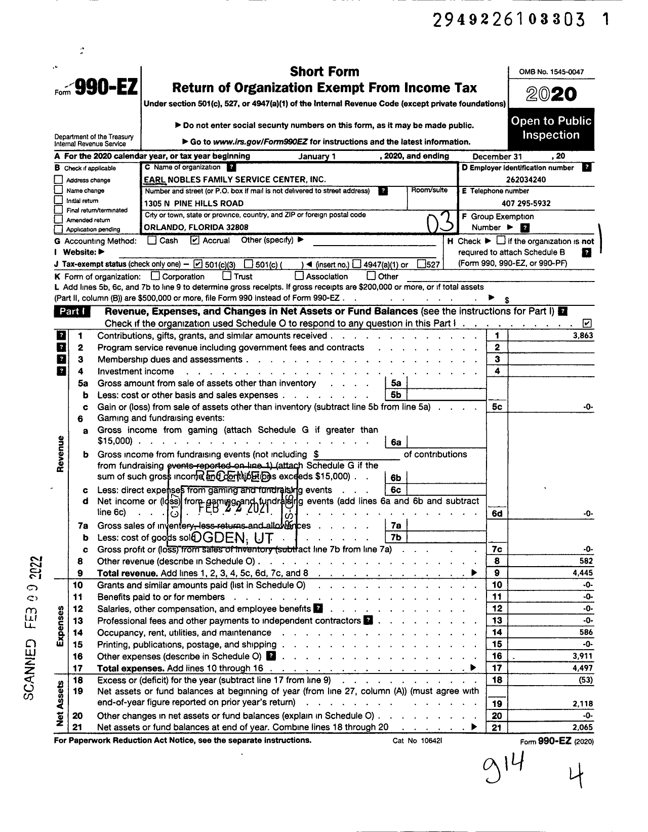 Image of first page of 2020 Form 990EZ for Earl Nobles Family Service Center