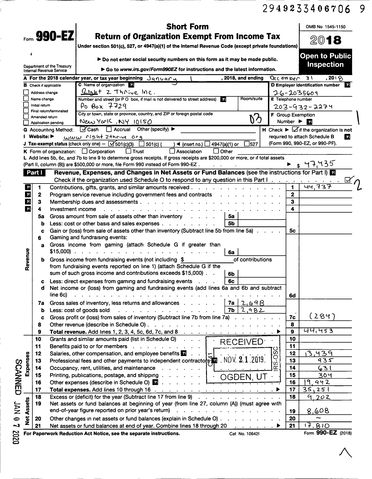 Image of first page of 2018 Form 990EZ for Right 2 Thrive