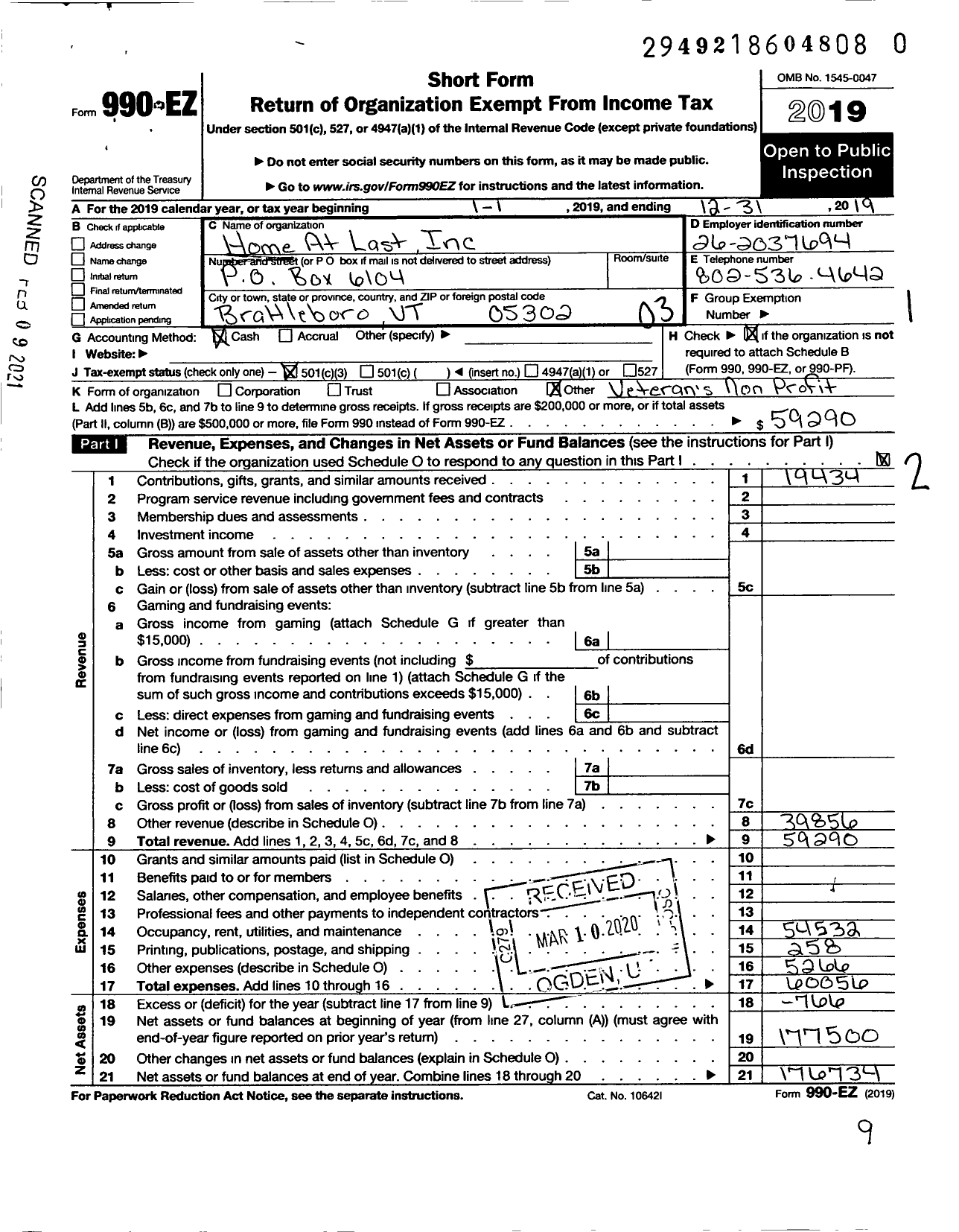 Image of first page of 2019 Form 990EZ for Home at Last Housing for Homeless Veterans