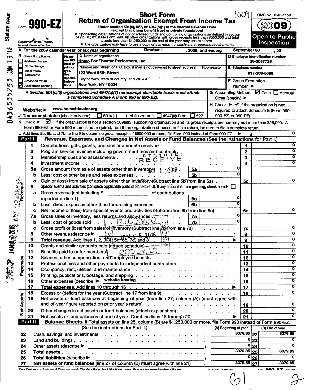 Image of first page of 2009 Form 990EO for Home for Theater Performers