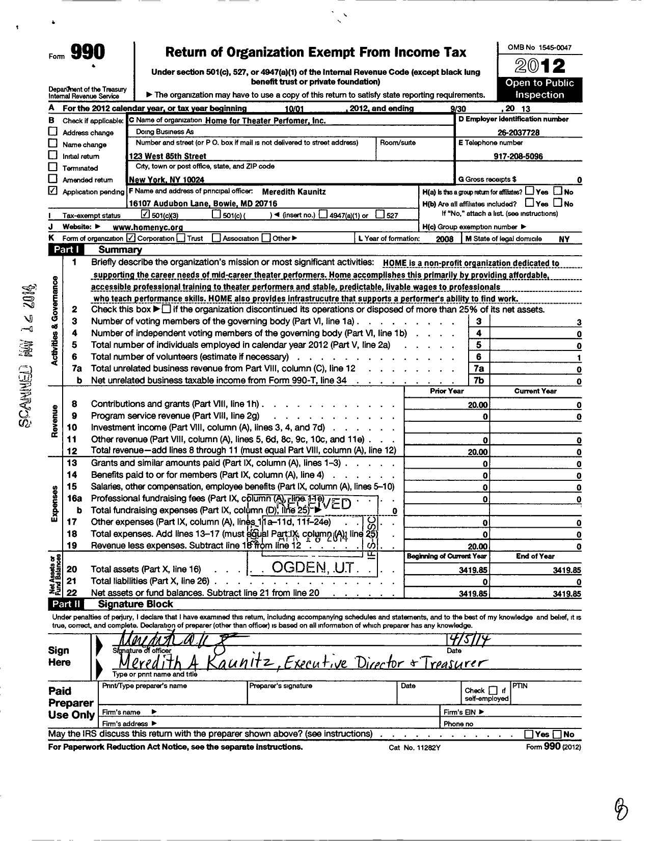 Image of first page of 2012 Form 990 for Home for Theater Performers