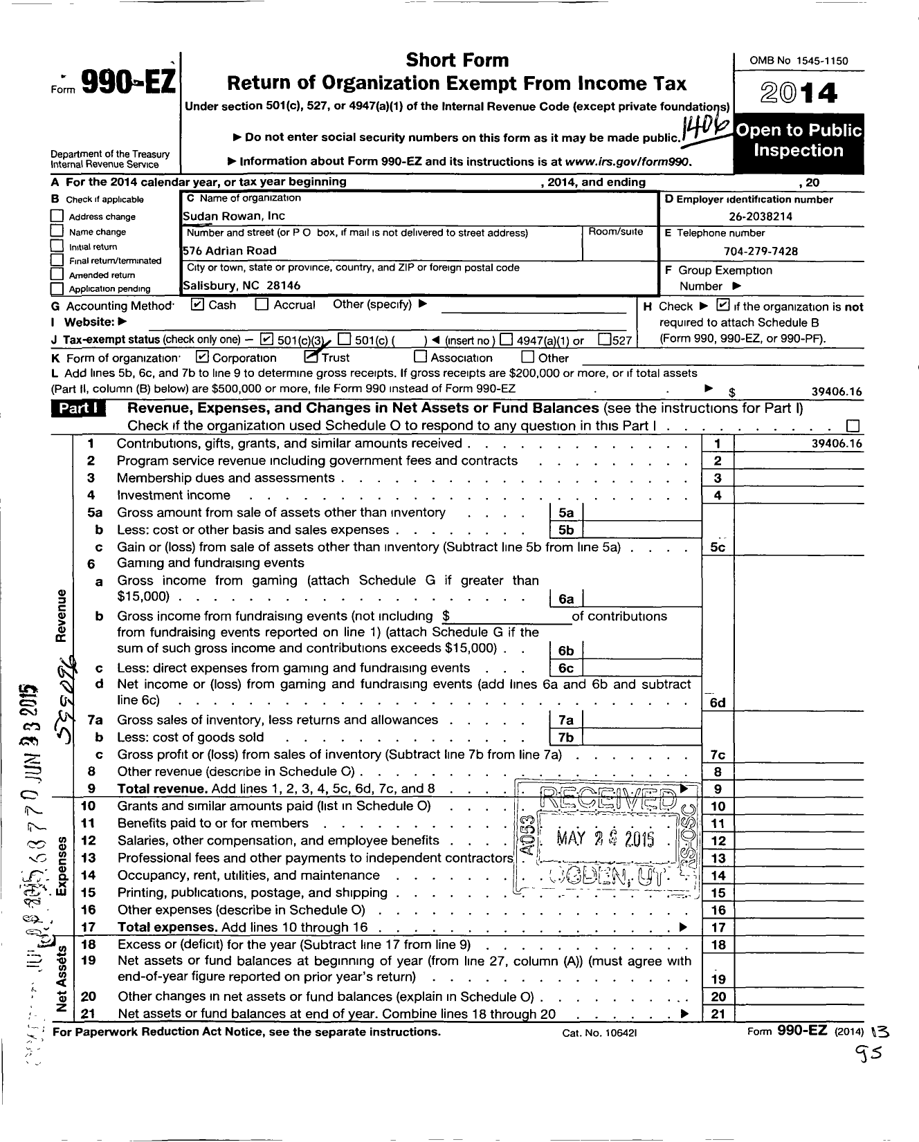 Image of first page of 2013 Form 990EZ for Sudan Rowan