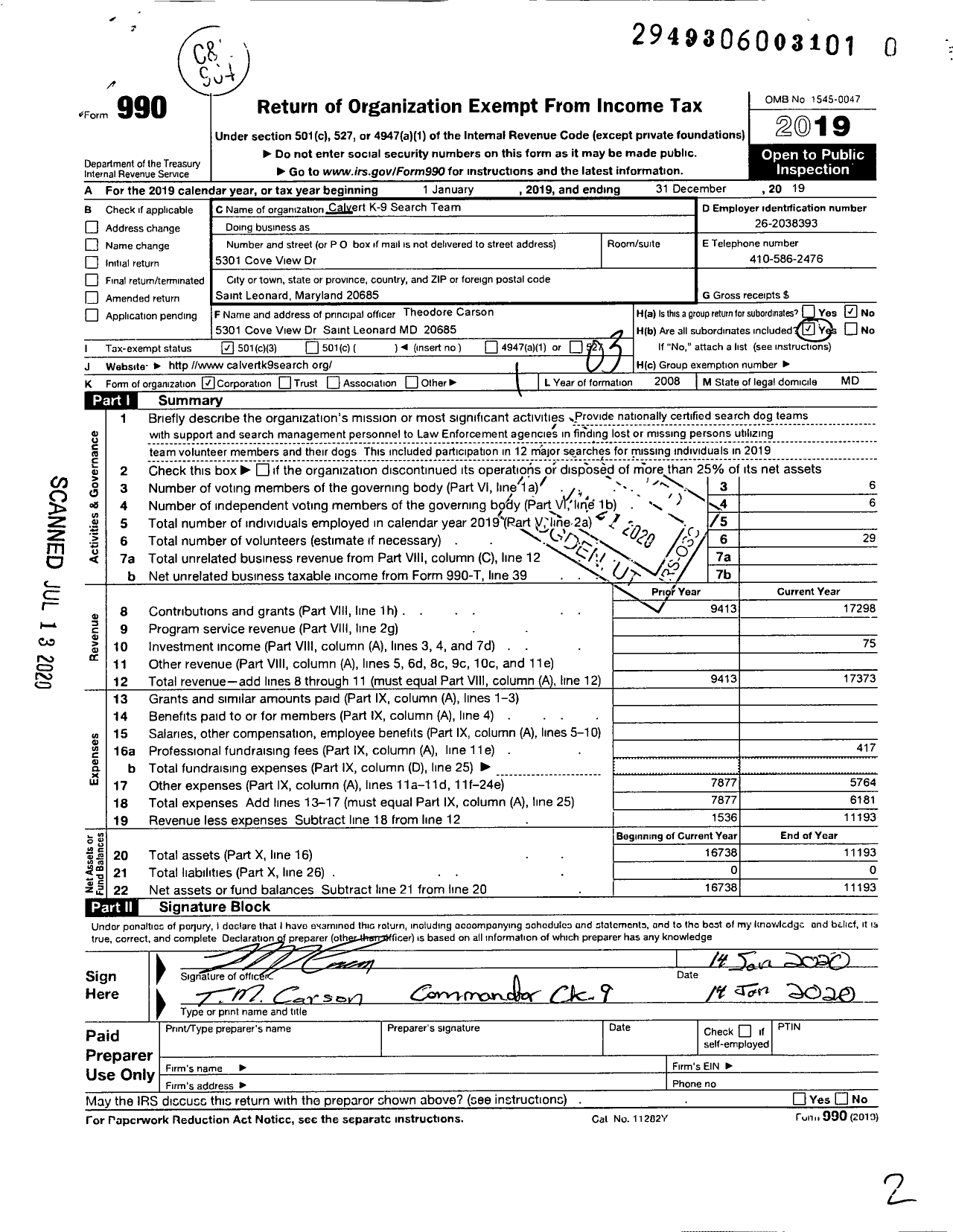 Image of first page of 2019 Form 990 for Calvert K-9 Search Team