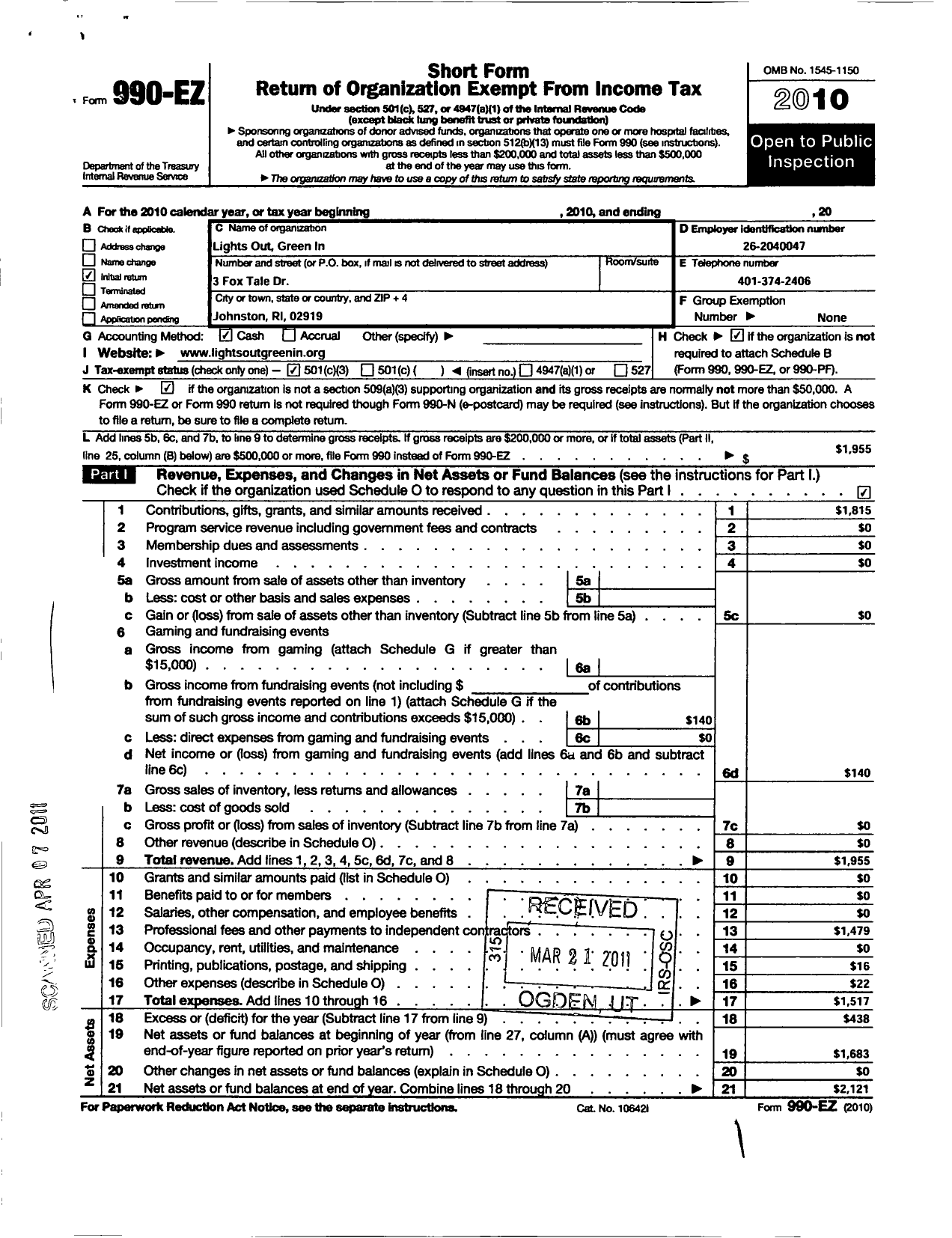 Image of first page of 2010 Form 990EZ for Lights Out Green in