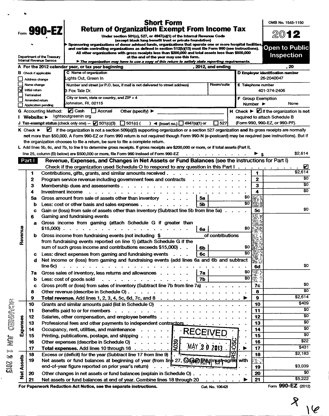 Image of first page of 2012 Form 990EZ for Lights Out Green in