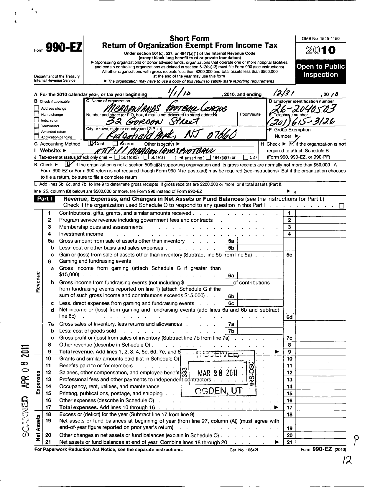 Image of first page of 2010 Form 990EO for Meadowlands Football League