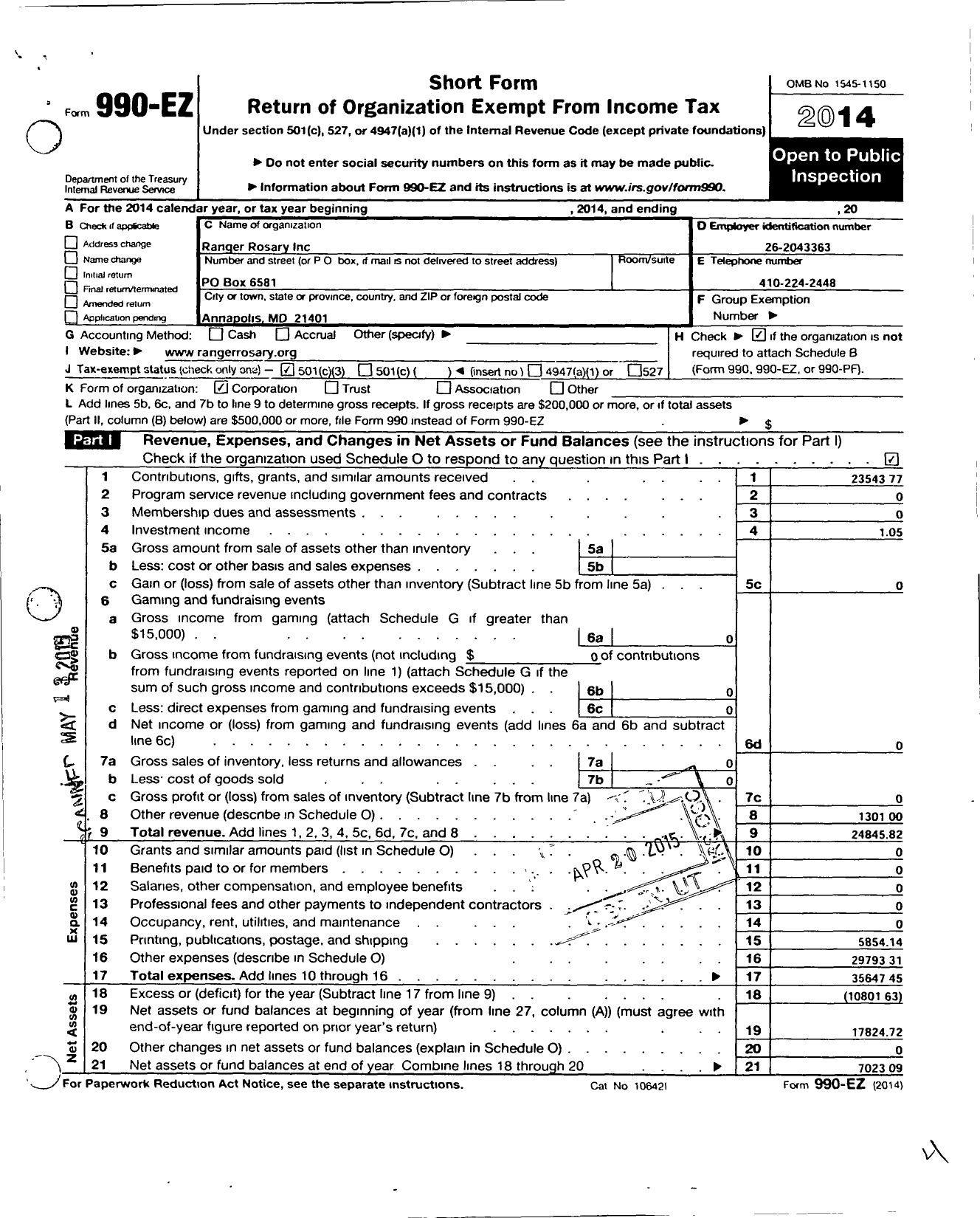 Image of first page of 2014 Form 990EZ for Ranger Rosary