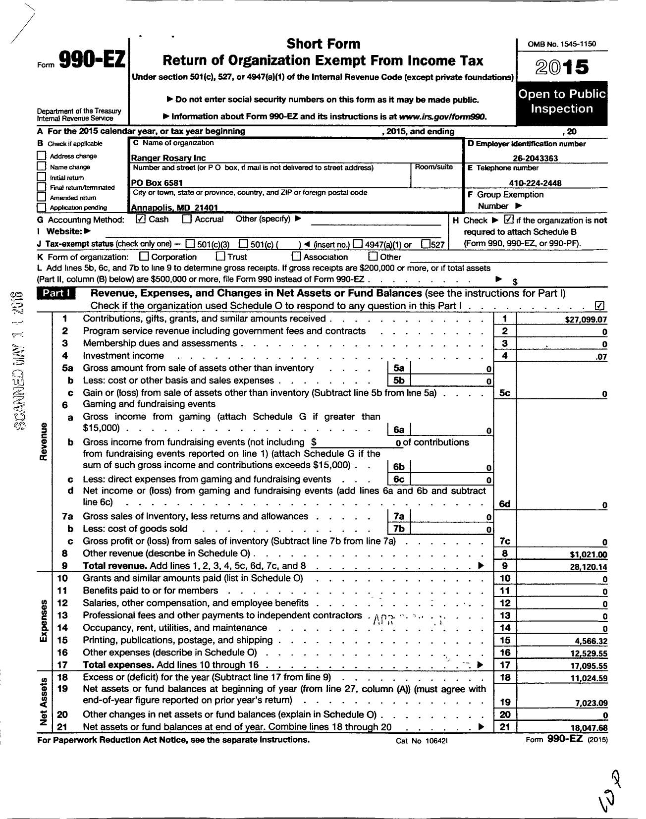 Image of first page of 2015 Form 990EO for Ranger Rosary