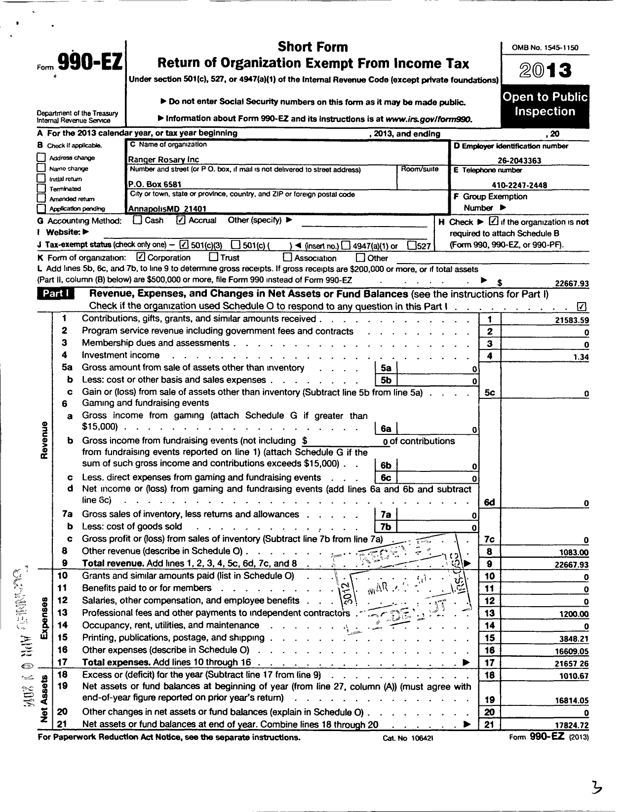 Image of first page of 2013 Form 990EZ for Ranger Rosary