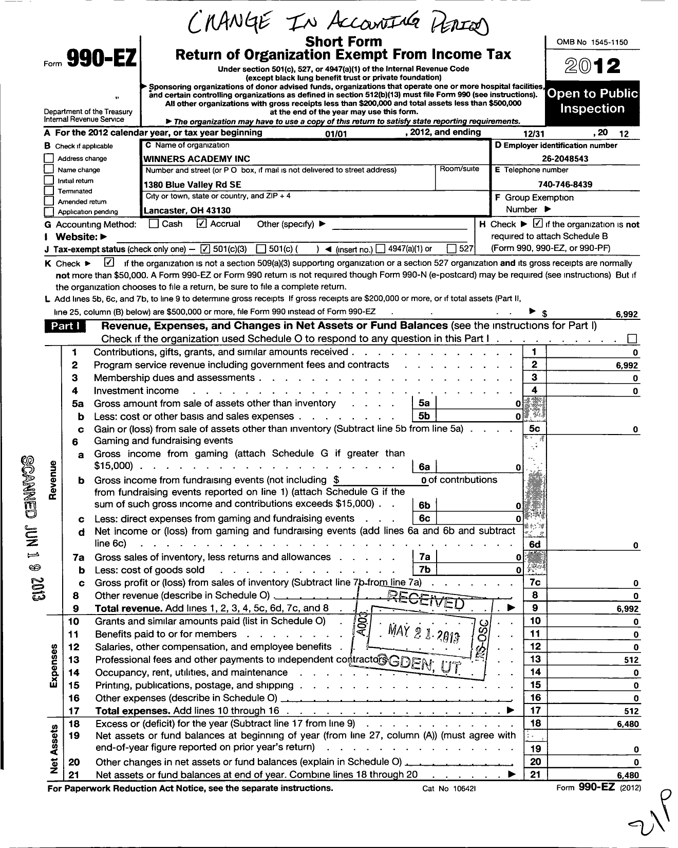 Image of first page of 2012 Form 990EZ for Winners Academy