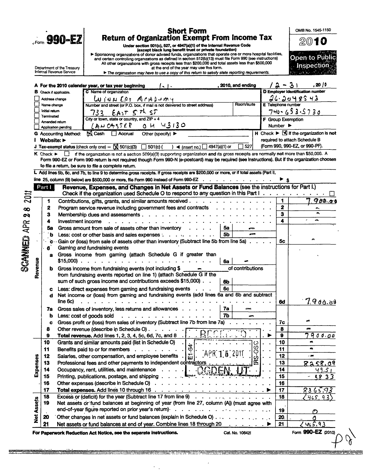 Image of first page of 2010 Form 990EZ for Winners Academy