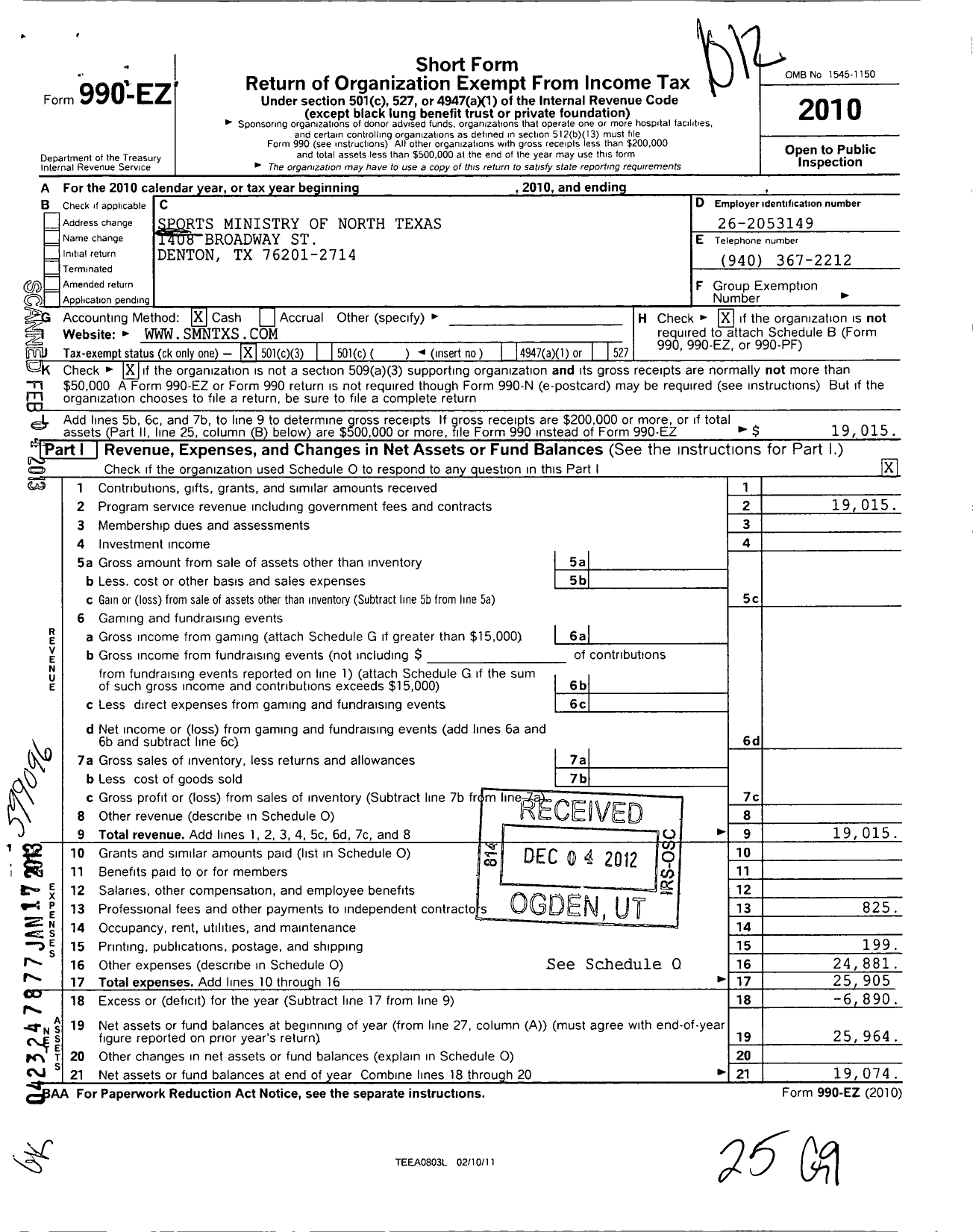 Image of first page of 2010 Form 990EZ for Sports Ministry Outreach