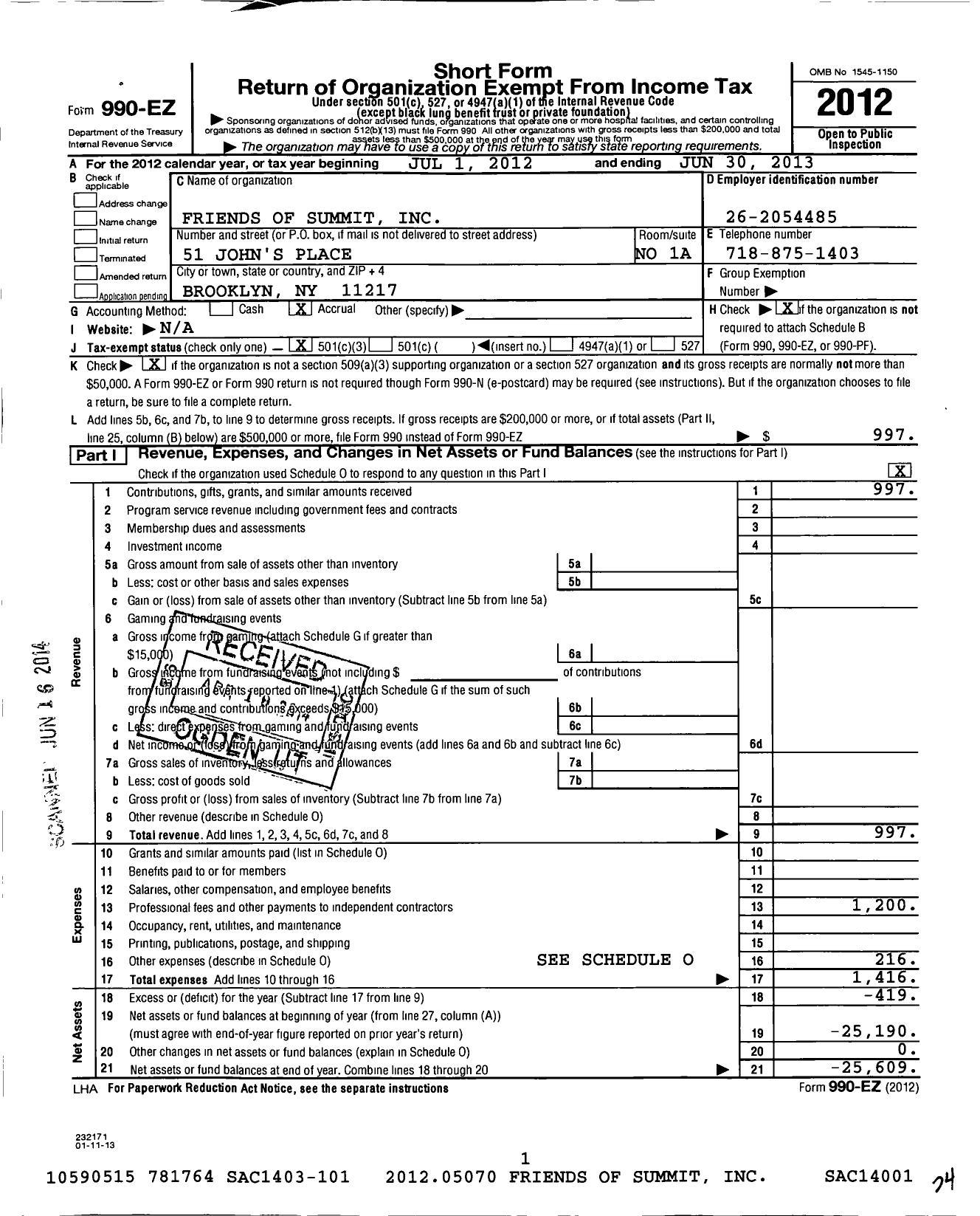 Image of first page of 2012 Form 990EZ for Friends of Summit