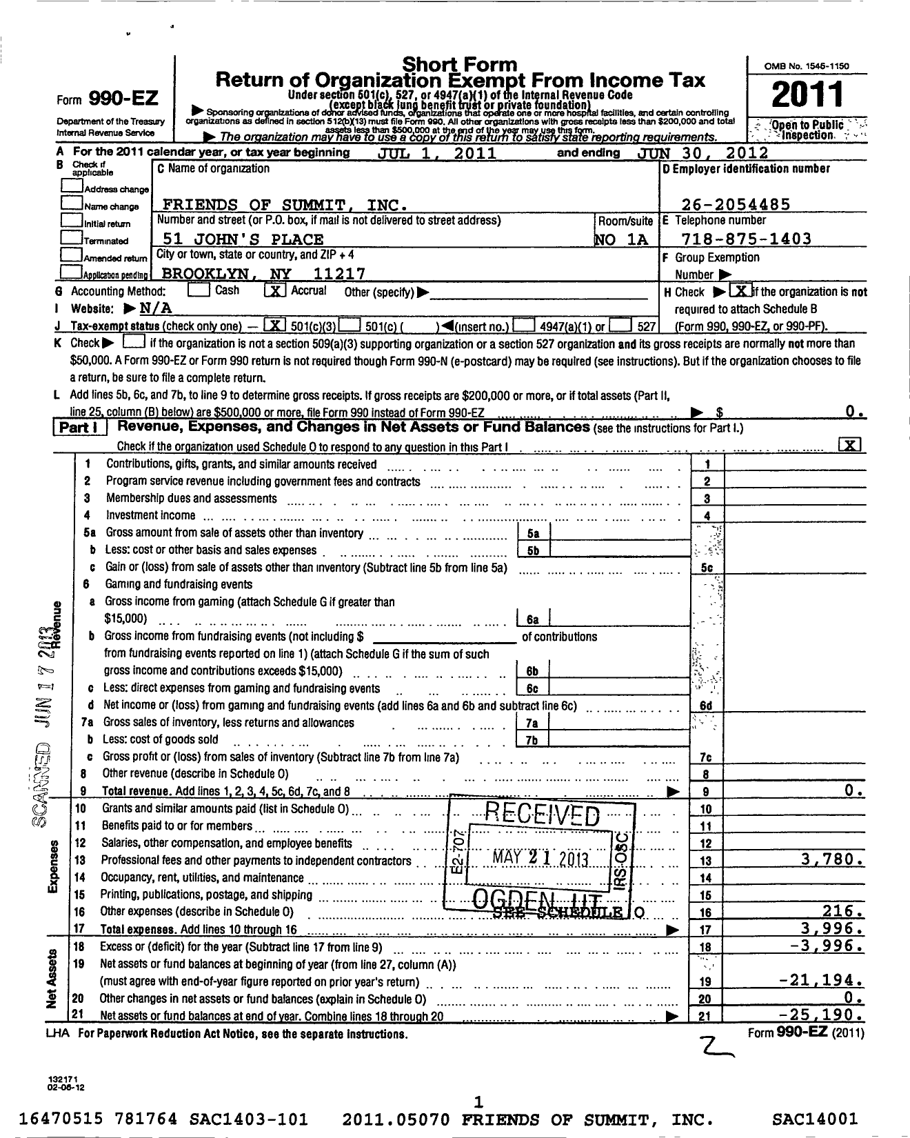 Image of first page of 2011 Form 990EZ for Friends of Summit