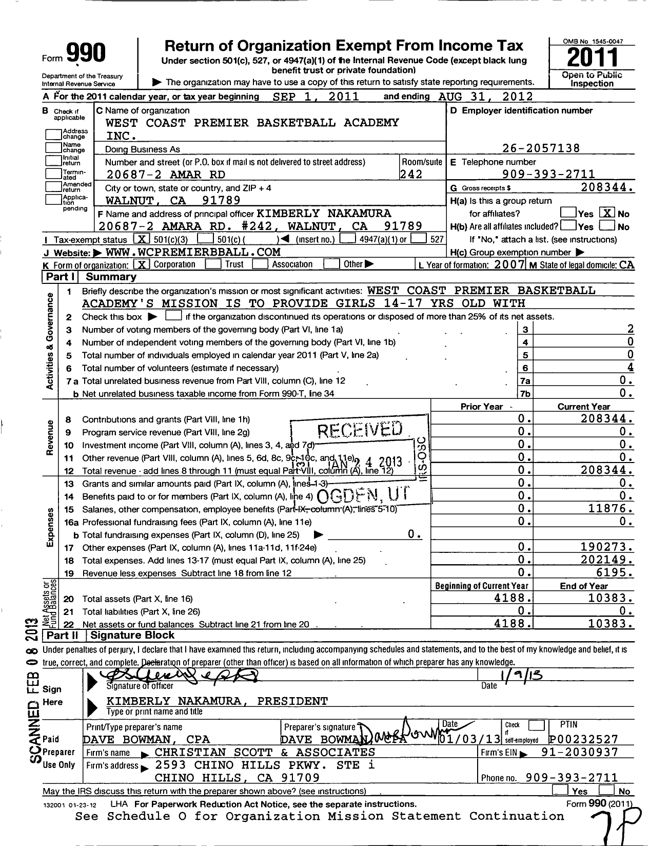 Image of first page of 2011 Form 990 for West Coast Premier Basketball Academy