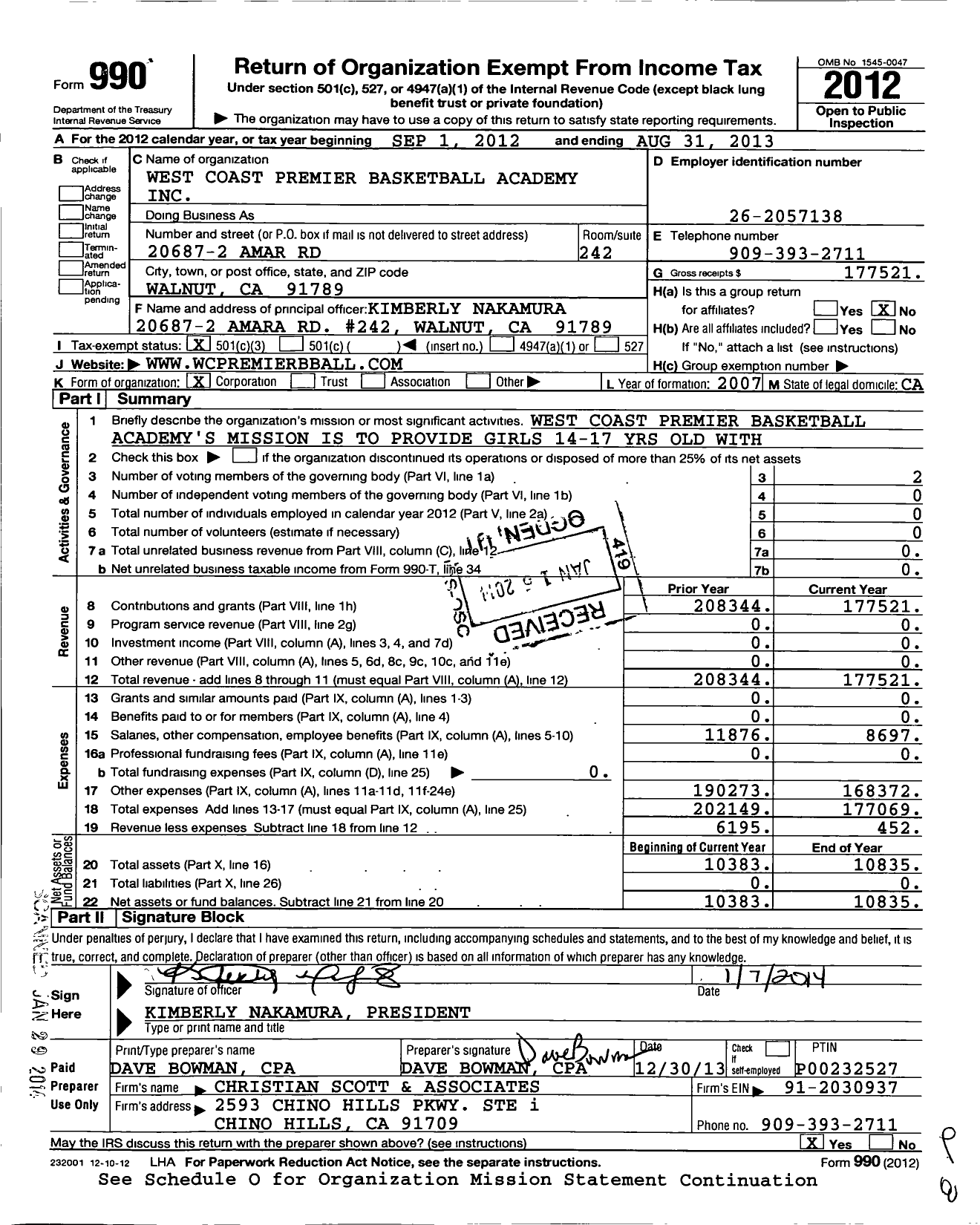 Image of first page of 2012 Form 990 for West Coast Premier Basketball Academy