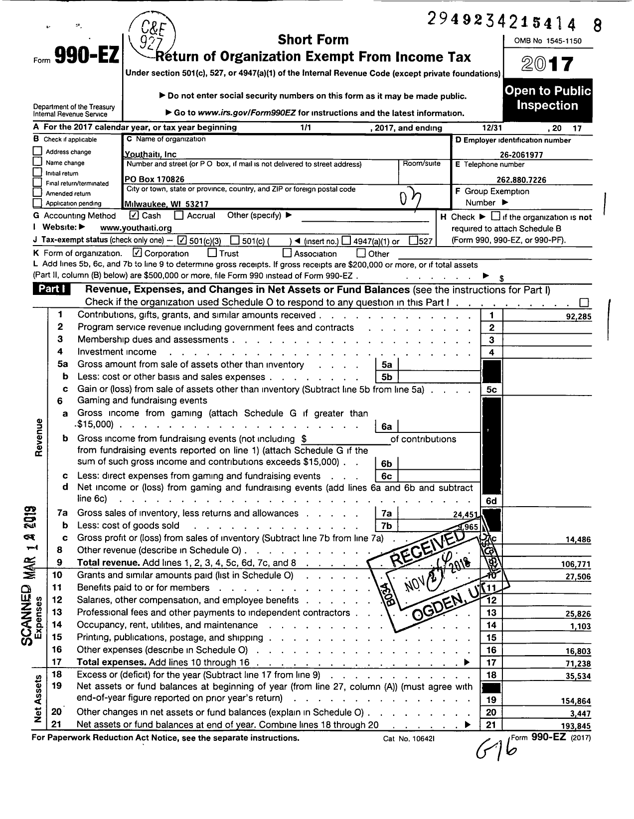 Image of first page of 2017 Form 990EZ for Youthaiti