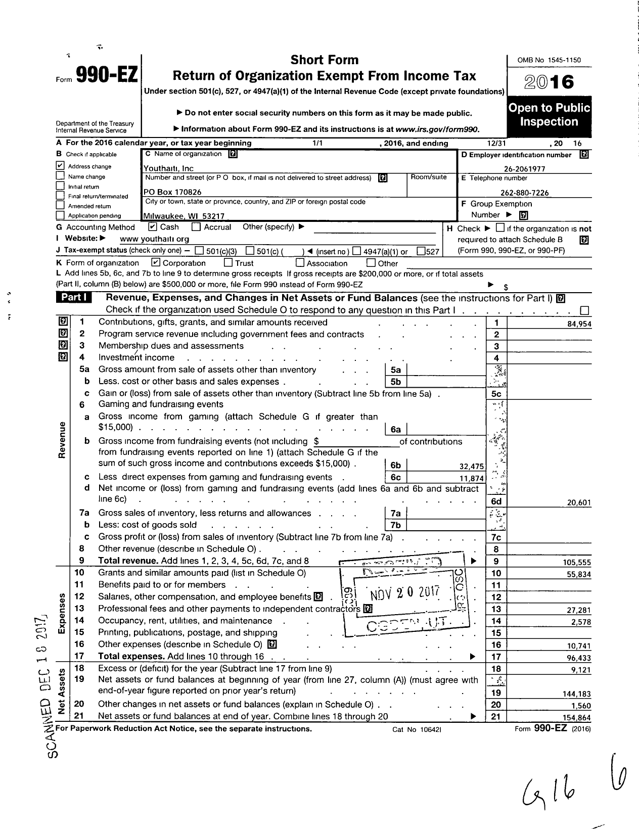 Image of first page of 2016 Form 990EO for Youthaiti