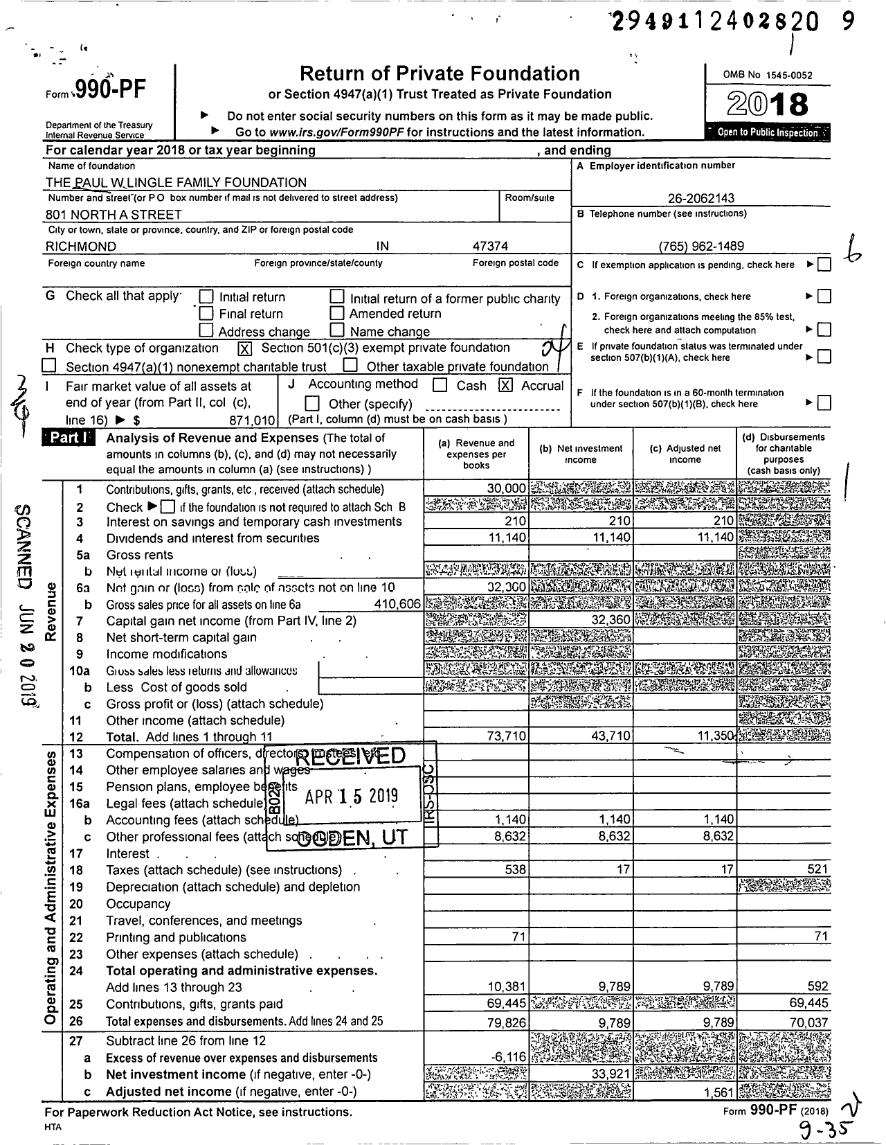 Image of first page of 2018 Form 990PF for The Paul W Lingle Family Foundation