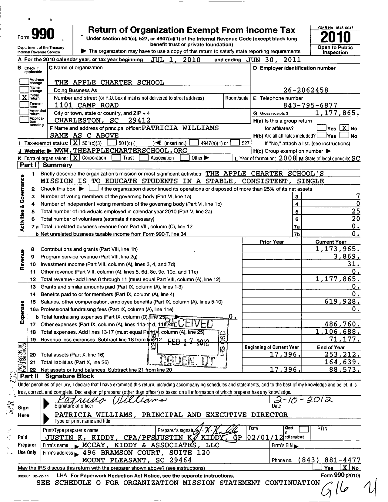 Image of first page of 2010 Form 990 for Apple Charter School